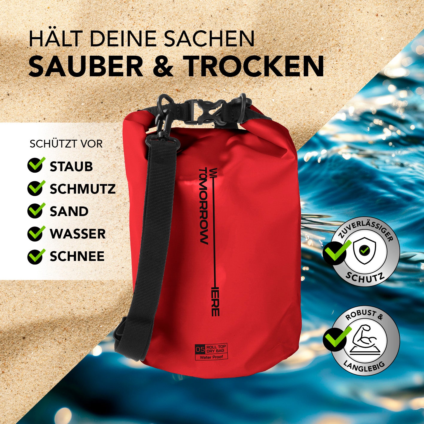 Dry Bag 5L - Style 02 - Rot wasserdichter, robuster Rucksack mit Rolltop-Verschluss für Schutz vor Staub, Wasser, Sand und Schnee beim Outdoor-Einsatz.