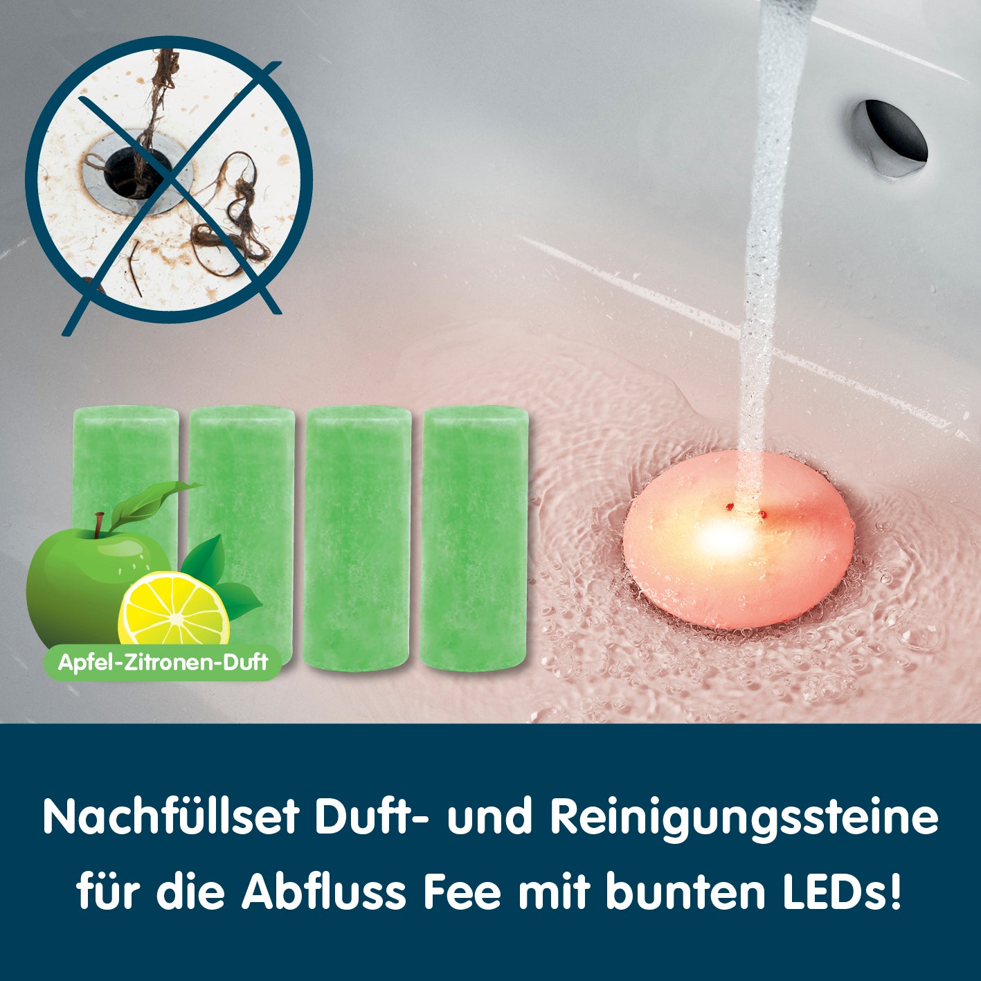 Abfluss-Fee Duftstein für LED-Abflussstopfen mit Apfel-Zitronen-Duft, verhindert Verstopfungen und schlechte Gerüche im Abfluss.