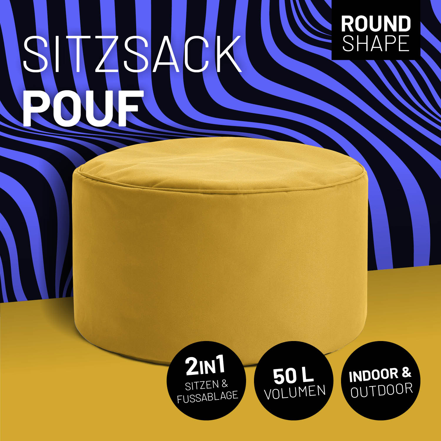 Sitzsack-Hocker/Pouf (50 L) - indoor & outdoor - Senfgelb, vielseitig nutzbar als Sitzhocker und Ablage, robust und pflegeleicht.