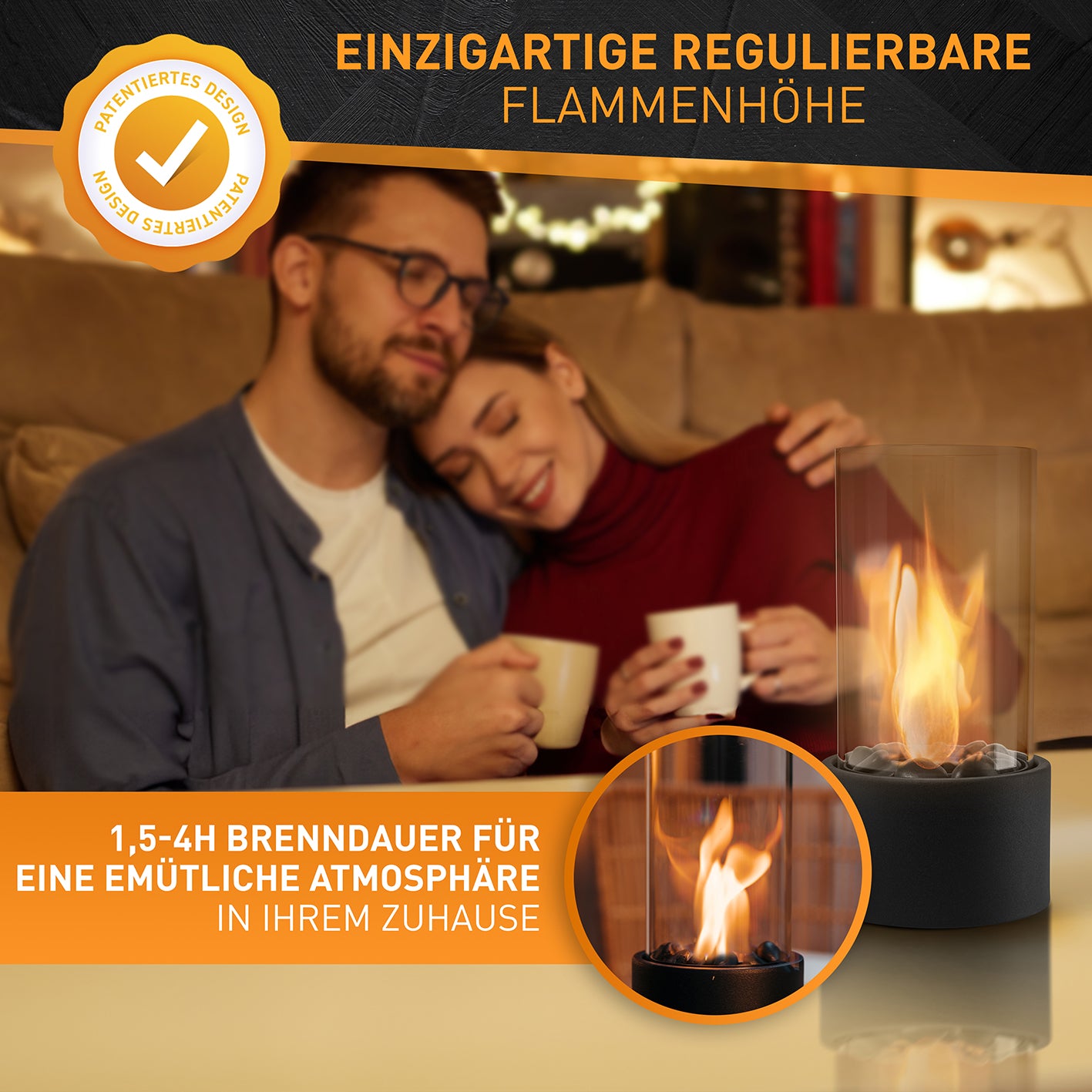 Indoor-Tischkamin - Schwarz mit regulierbarer Flammenhöhe für gemütliche Wärme und Atmosphäre im Wohnzimmer oder Wintergarten.