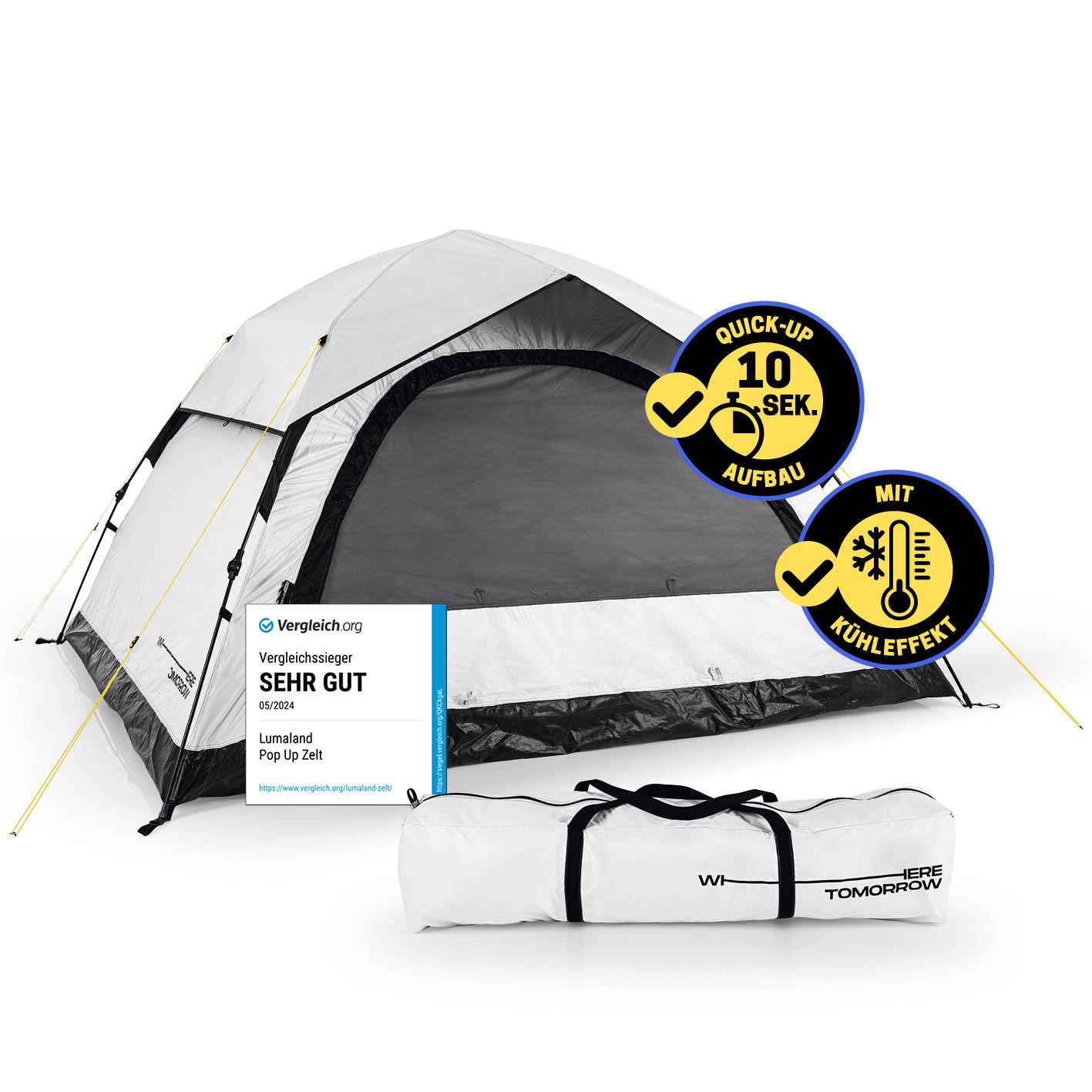 Pop-up-Wurfzelt für 4 Personen mit Kühleffekt - weiß/schwarz, schneller Aufbau, reflektierend, wasserdicht, ideal für Outdoor und Camping.