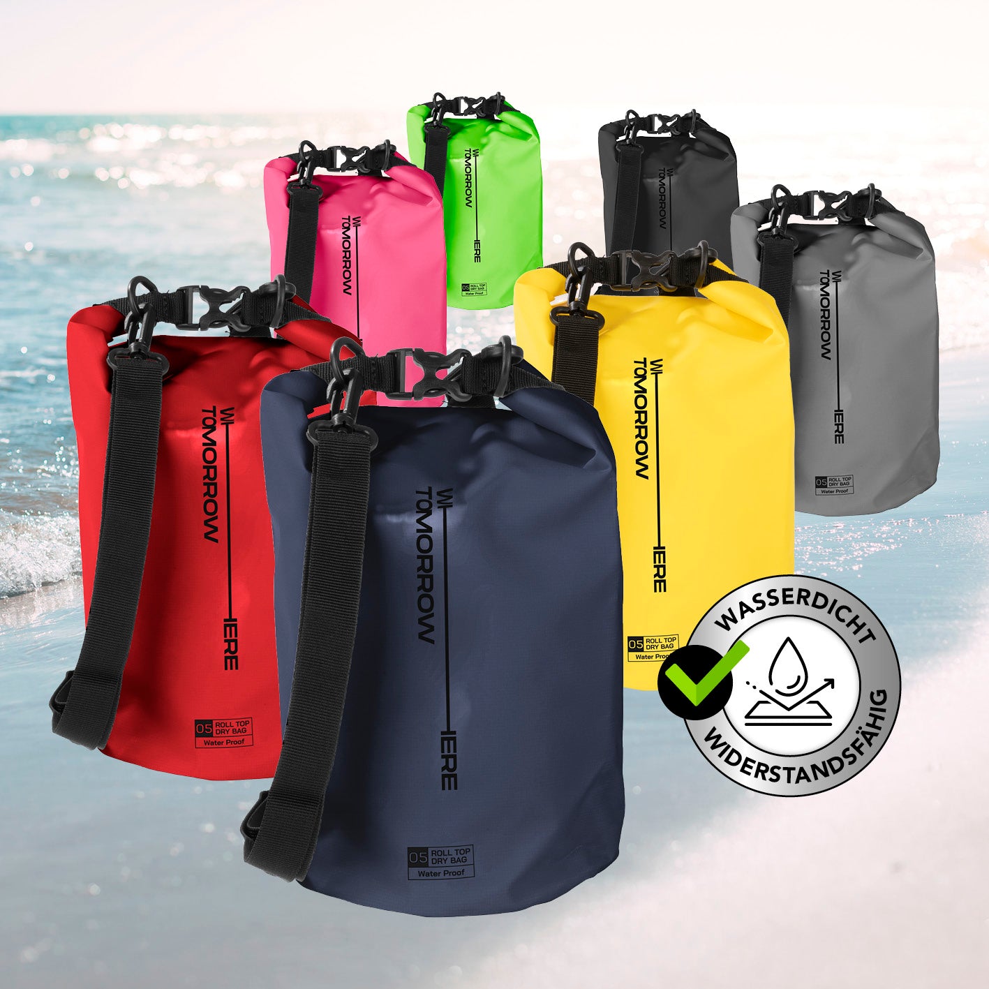 Dry Bag 5L - Style 02 - Dunkelblau, wasserdichter und robuster Outdoor-Rucksack mit Rolltop-Verschluss und verstellbarem Schultergurt.
