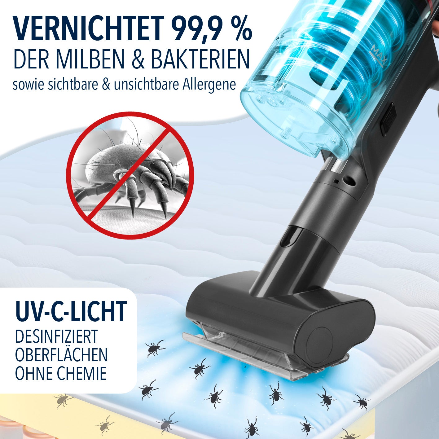 AeroTech 500 Staubsauger mit Absaugstation – Milbenaufsatz mit UV-C-Licht vernichtet 99,9 % Milben und Bakterien hygienisch.
