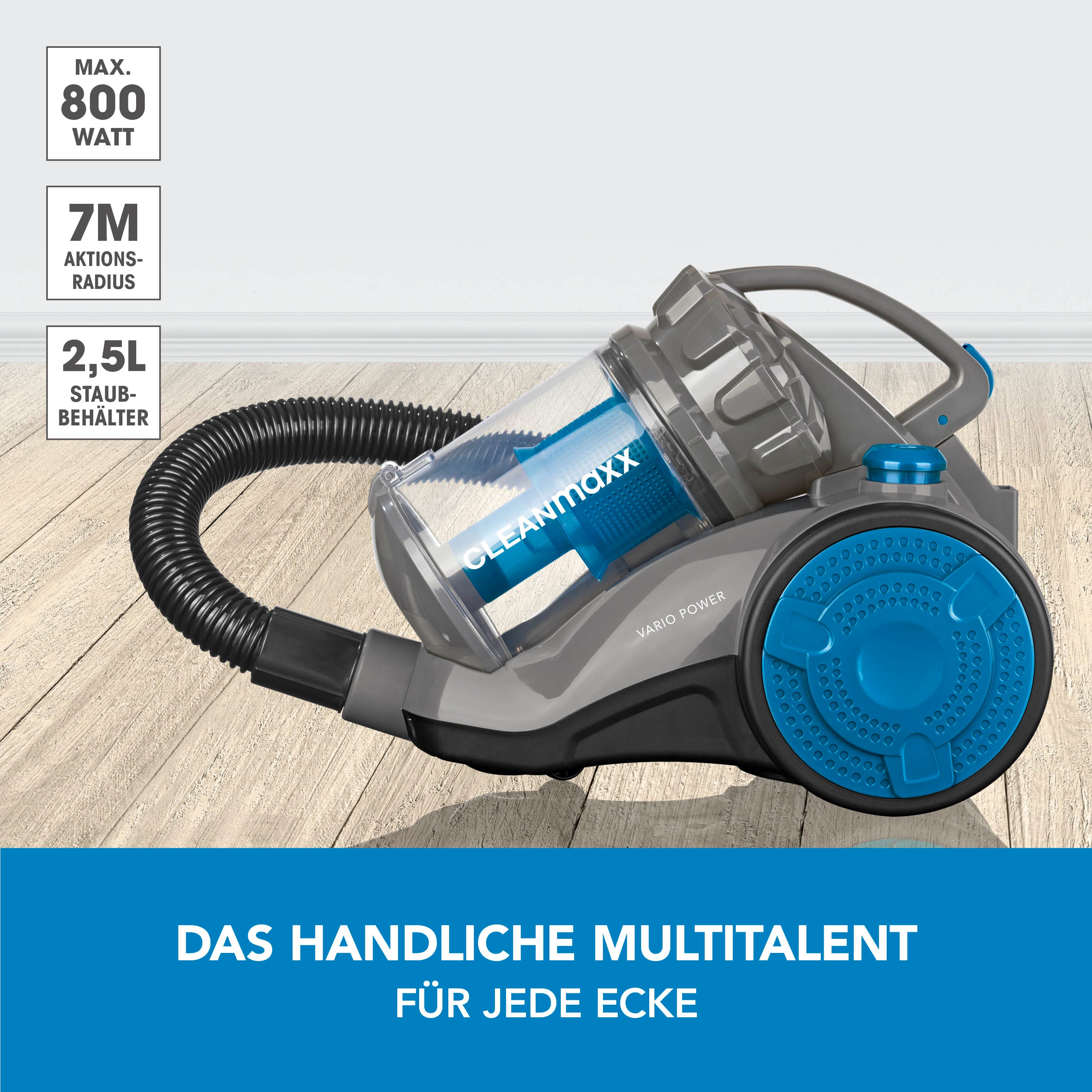 Multi-Zyklon-Staubsauger 800W schwarz/blau mit 2,5L Behälter, 7m Aktionsradius, handlich und vielseitig für jede Ecke.
