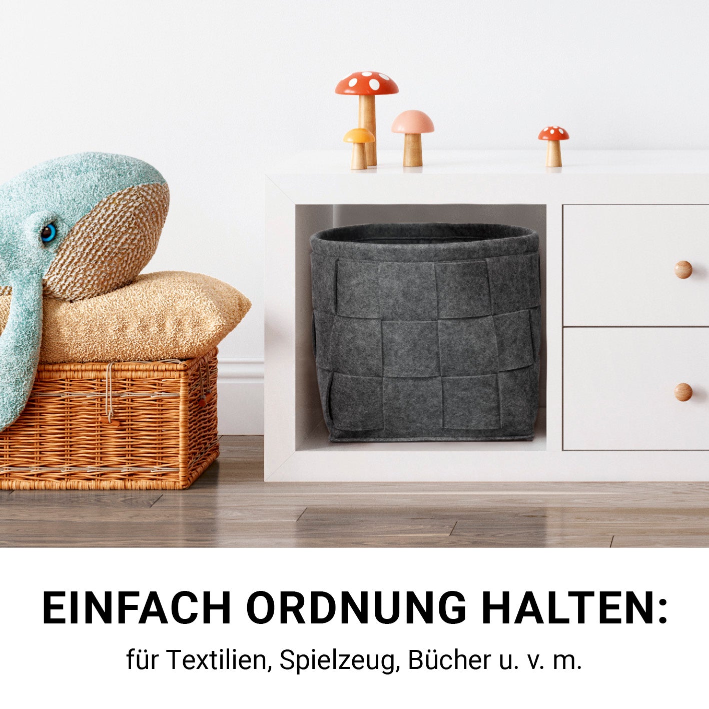 Filz-Aufbewahrungstasche M - 35 x 25 x 25 cm - Dunkelgrau, moderner, faltbarer und strapazierfähiger Aufbewahrungskorb mit Tragegriffen.