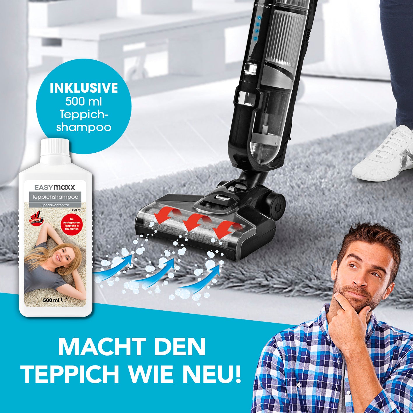 Multi-Bodenreiniger von CLEANmaxx mit Teppichshampoo für effizientem Teppichreinigen und Nass-Trocken-Wischen in einem Arbeitsgang.