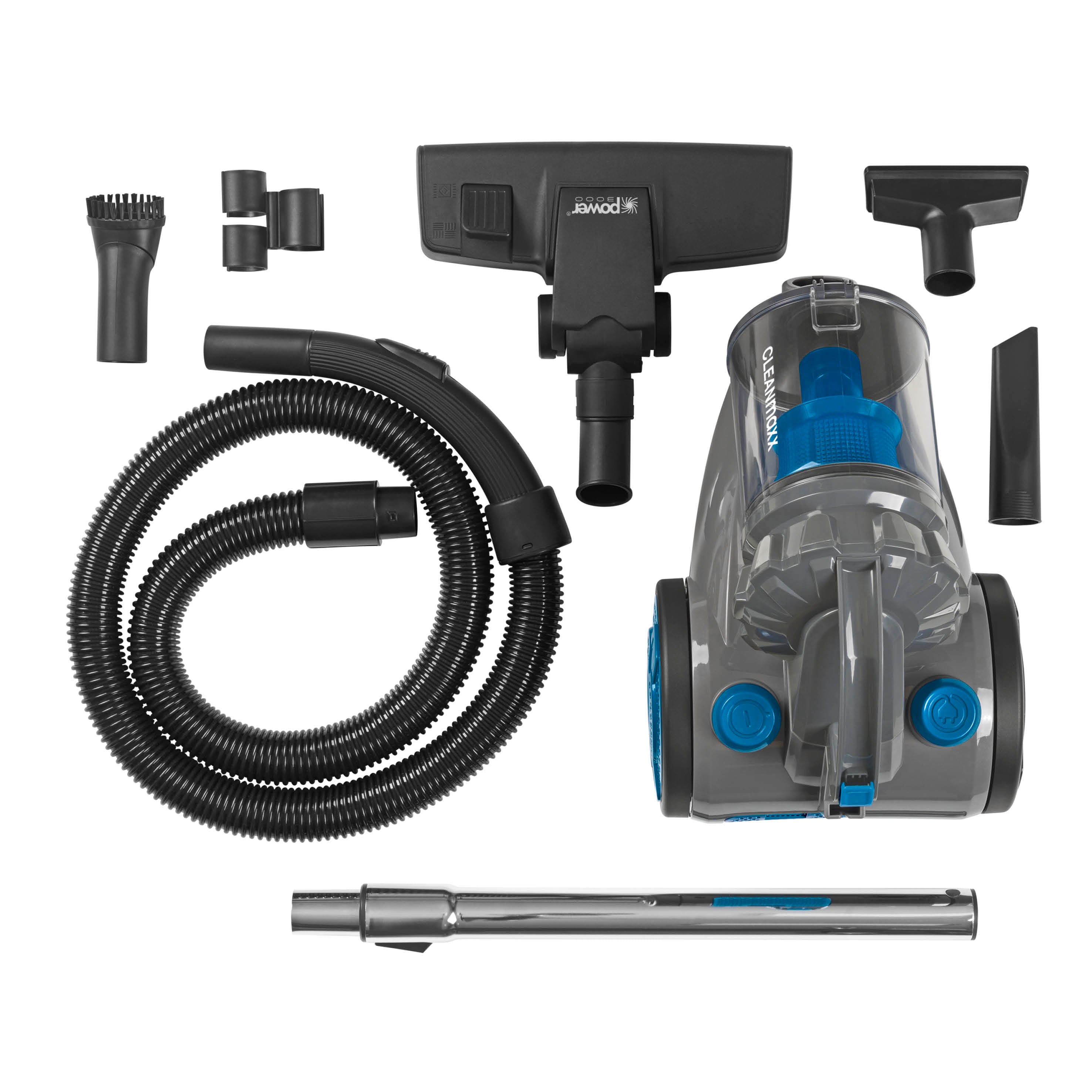 Multi-Zyklon-Staubsauger 800W schwarz/blau mit 4 Spezialdüsen, kompakt, beutellos, abnehmbarer EPA-Filter, ergonomisch mit Tragegriff.