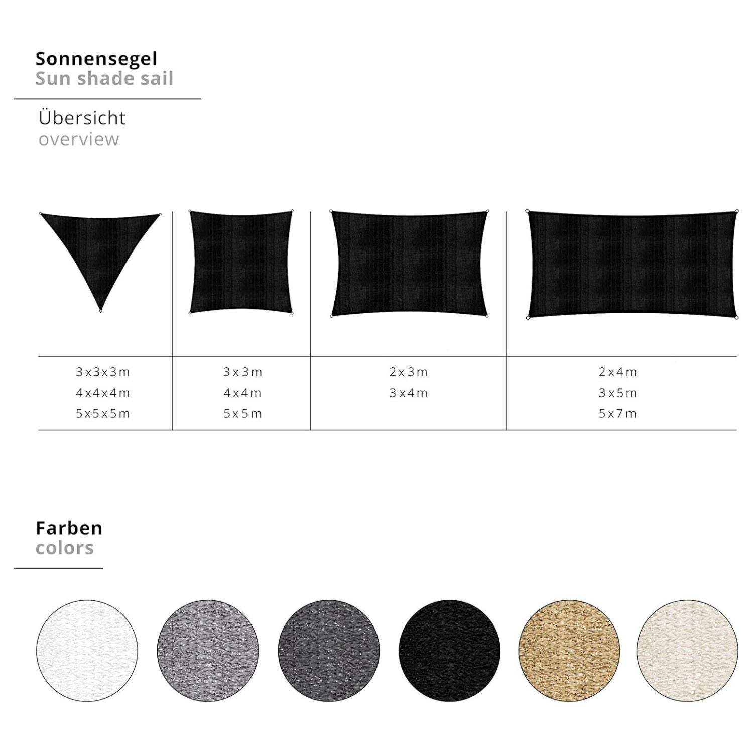 Sonnensegel 100% HDPE mit Stabilisator für UV-Schutz Quadrat 3 x 3 Meter Weiß in verschiedenen Farboptionen und Formen verfügbar