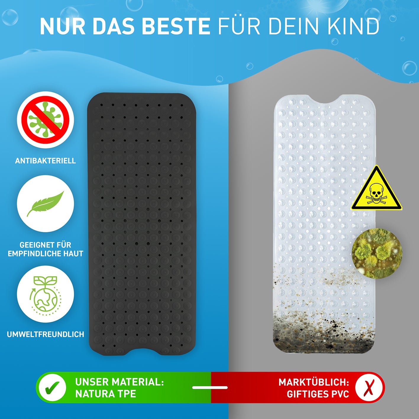 Badewannenmatte - Schwarz - 100 x 40 cm antibakteriell, BPA-frei, sicher, rutschfest, umweltfreundlich und kinderfreundlich aus hochwertigem TPE.