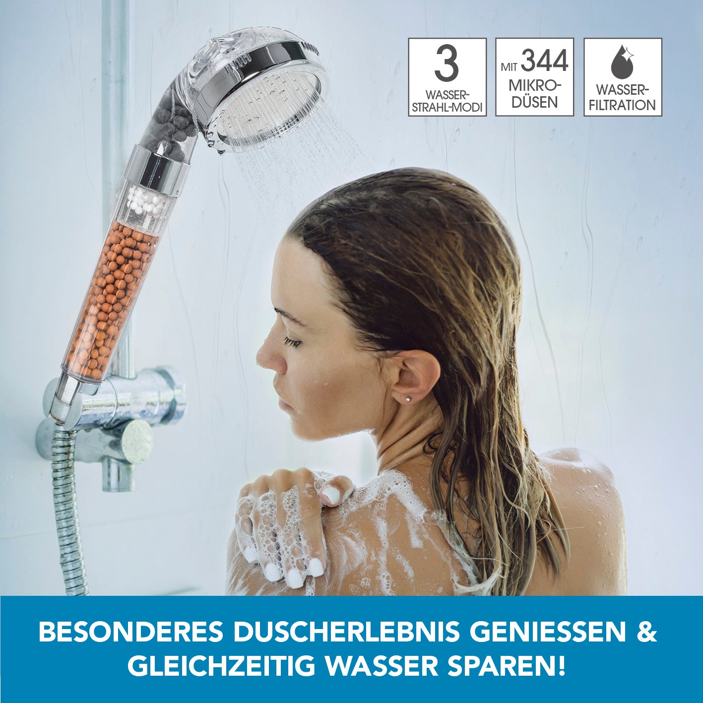 Duschkopf Spa - Mit Mineralperlen & 3 Wasserstrahl-Modi, 344 Düsen für Duscherlebnis und Wasserfiltration.