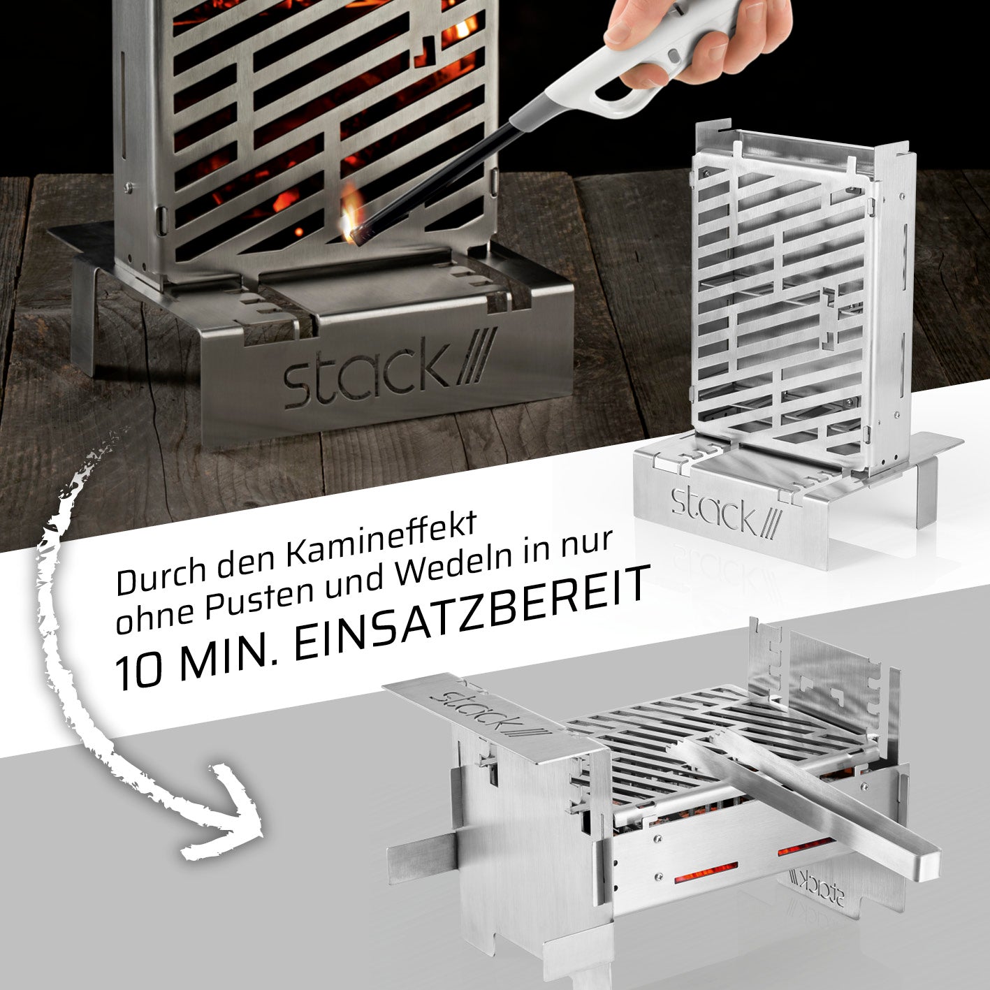 Grill und Feuerstelle mobiler Edelstahlgrill mit Kamineffekt, 10 Min Einsatzbereit, inkl. Grillzange und Transporttasche, ca. 2-5 Personen.