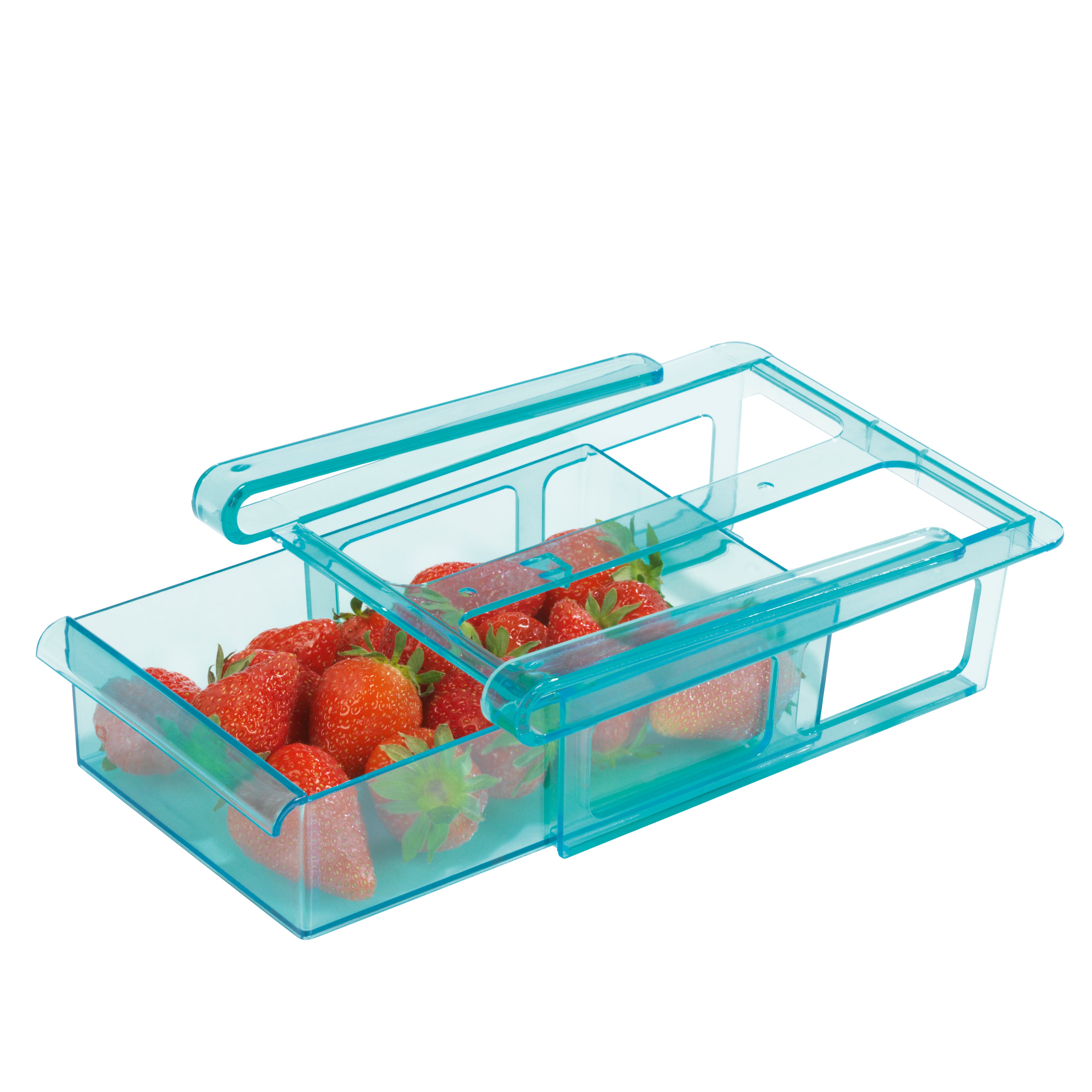 Klemm-Schublade für Kühlschrank - 3er-Set - transparent/blau mit einfachem Klemmmechanismus zur Aufbewahrung von Lebensmitteln wie Erdbeeren.