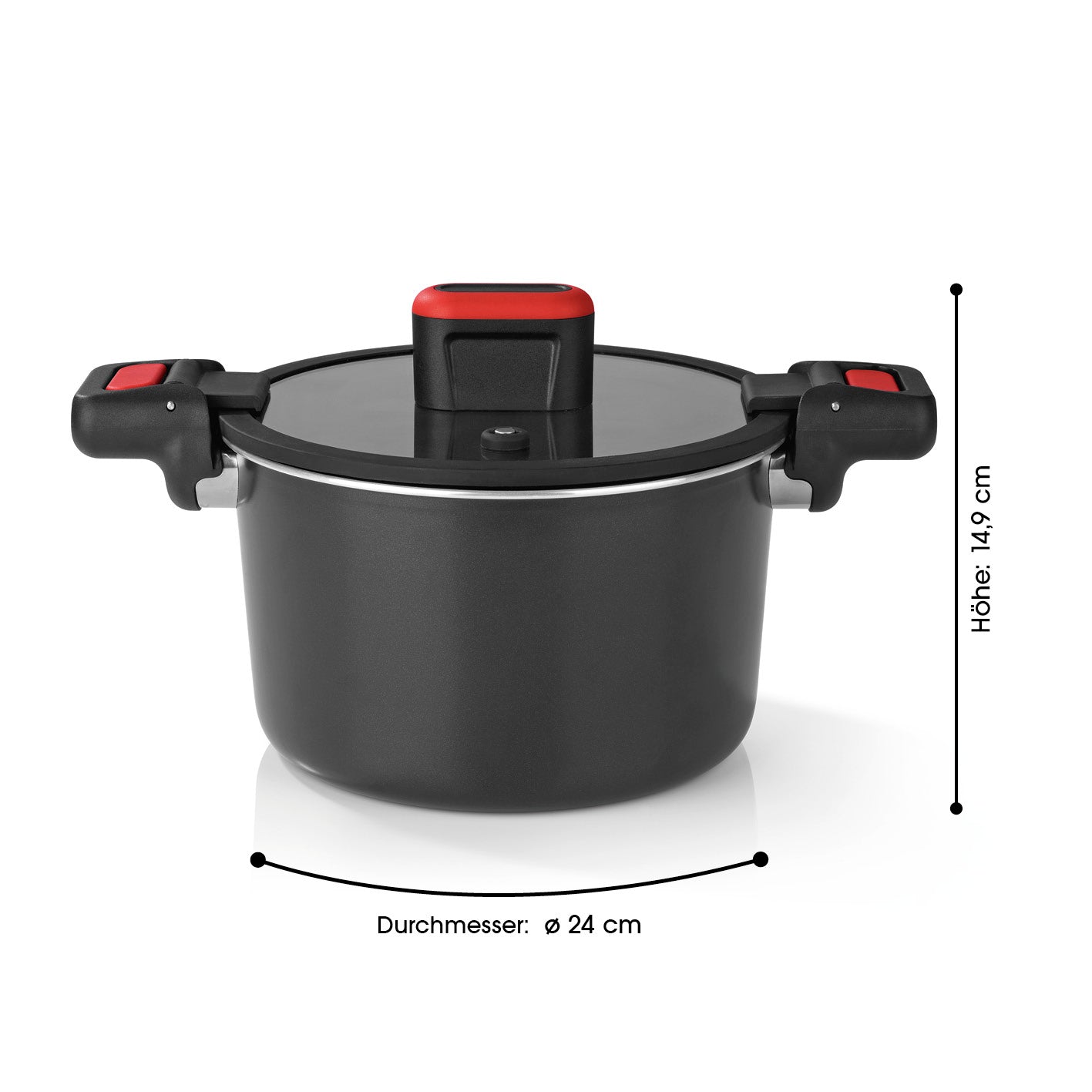 Energiespartopf Aluminium 5,8l schwarz/rot mit Antihaftbeschichtung, wärmeabweisenden Griffen und energiesparendem Thermoboden, induktionsgeeignet.