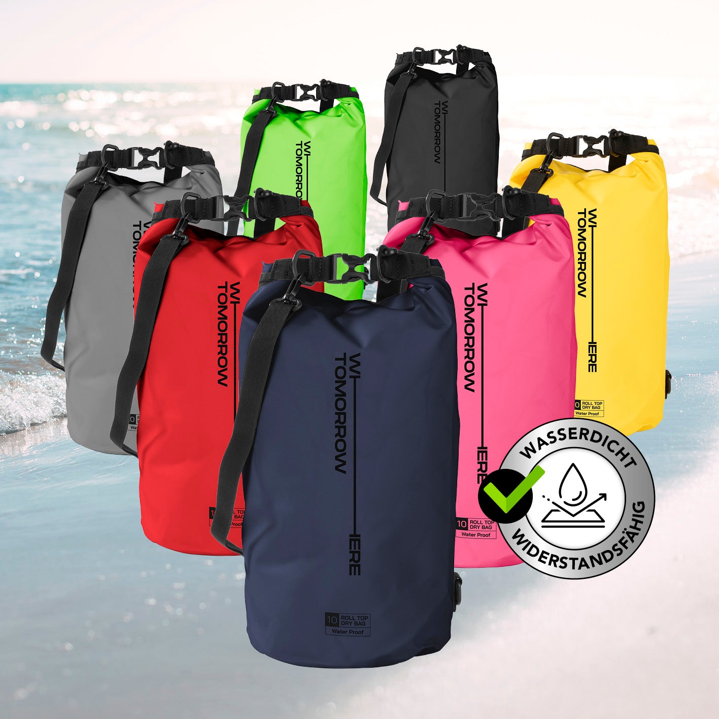 Dry Bag 10L - Style 02 - Dunkelblau wasserdichter, robuster Outdoor-Rucksack mit UV-Schutz und verstellbarem Schultergurt.