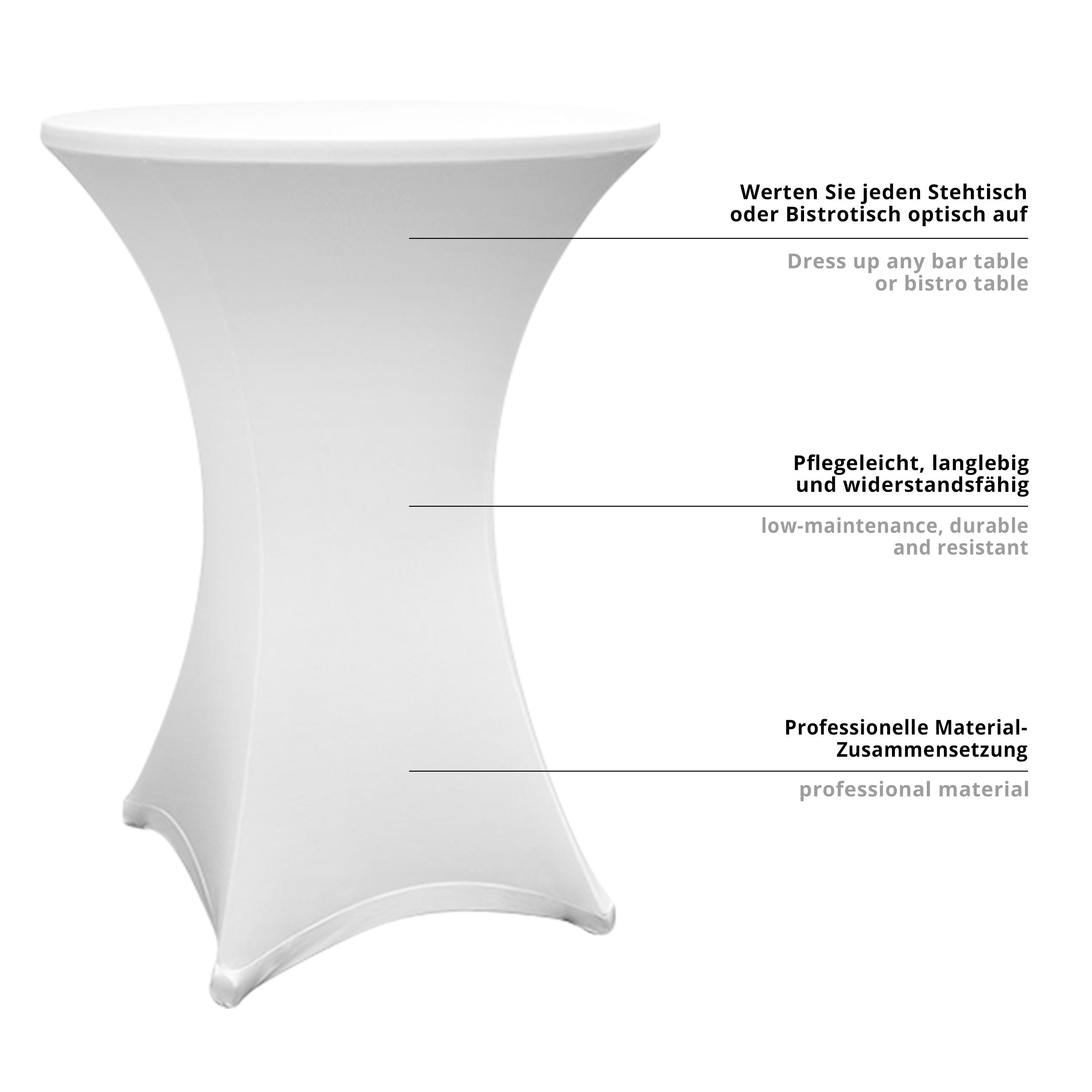 Stehtischhusse 80-85 cm Weiß 2er-Set, pflegeleicht, widerstandsfähig, elegante Passform für Stehtische und Bistrotische.