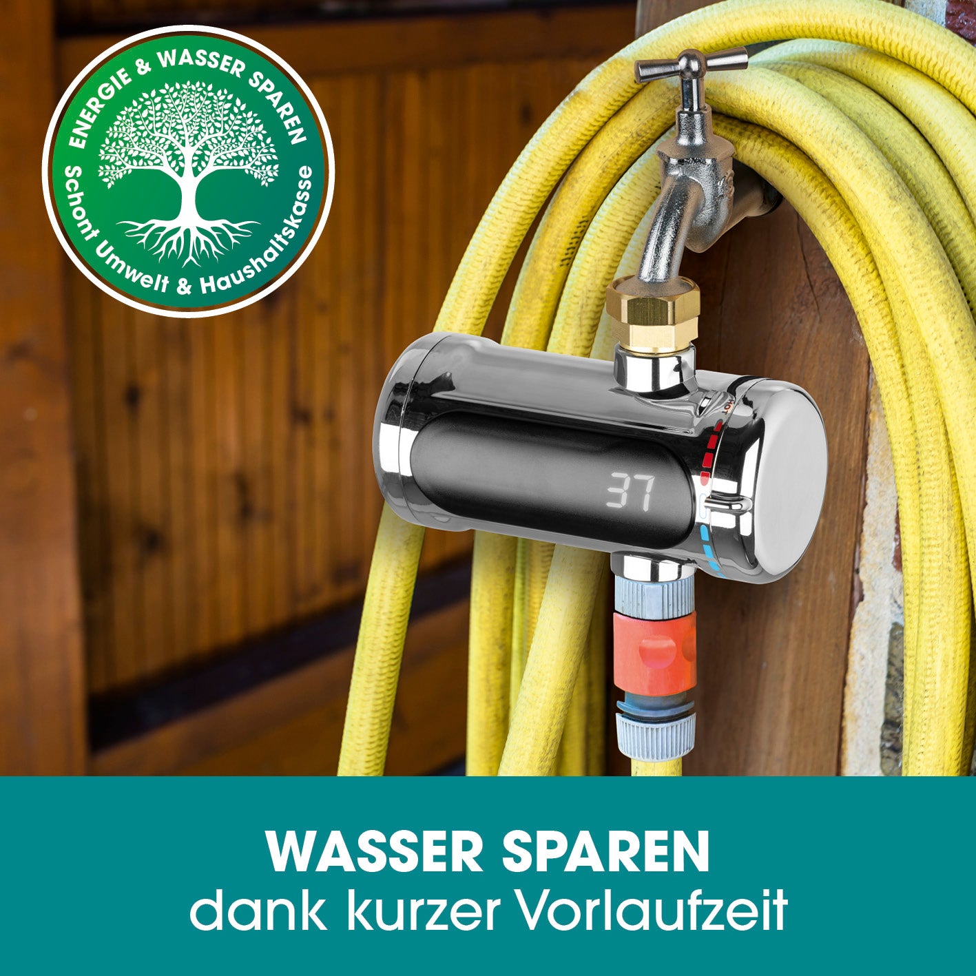 Universal-Durchlauferhitzer mit digitaler Temperaturanzeige, kompakt und robust, ideal zum Wasser sparen im Garten und Haushalt.