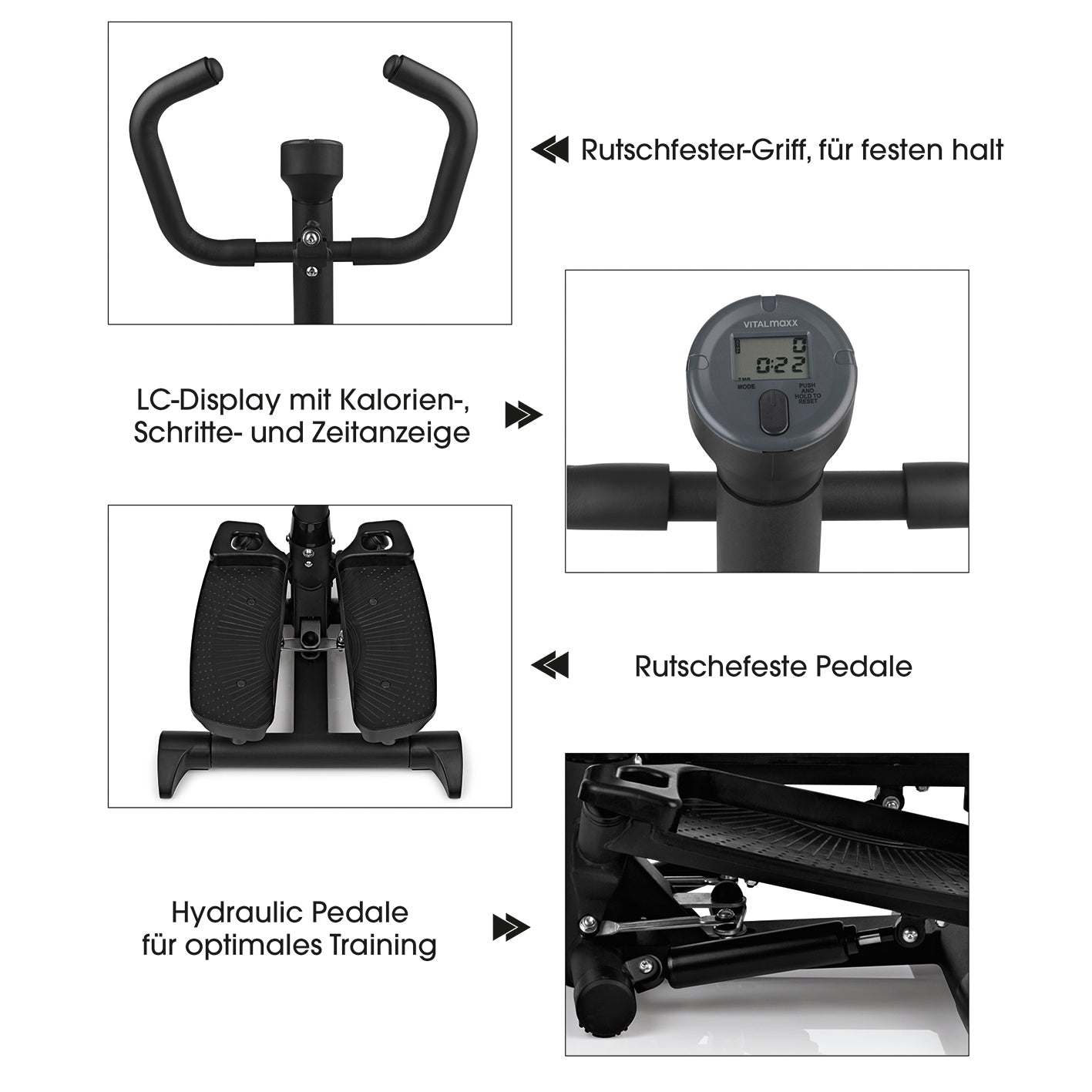 Fitnesstrainer Swing Stepper mit 2 Expanderbändern, rutschfeste Pedale, LC-Display für Kalorien, Schritte und Trainingszeit.
