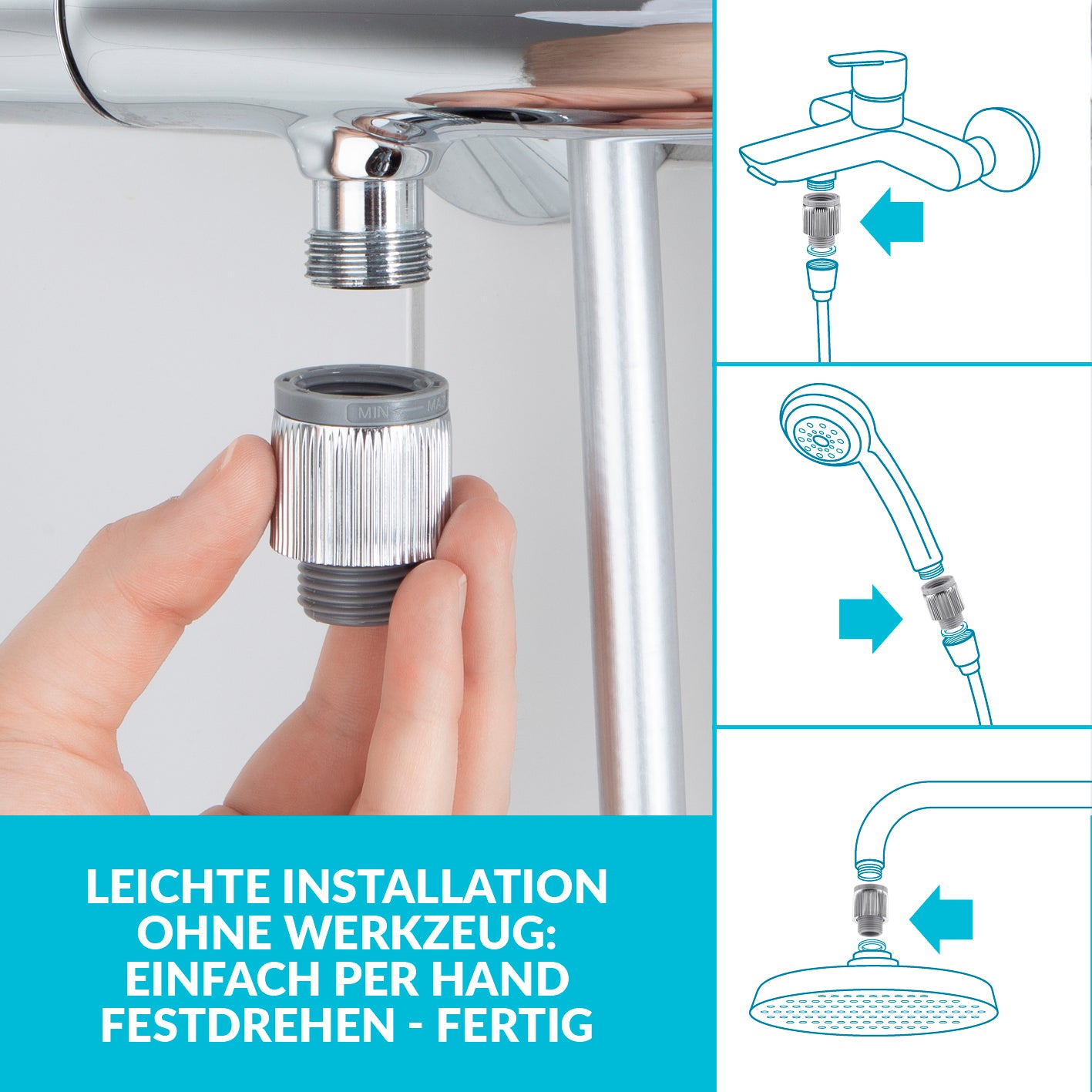 Einstellbarer Wassersparer für die Dusche - chromfarben - 2er-Set, einfach zwischen Duscharmatur und Schlauch befestigt, stufenlos regulierbar.