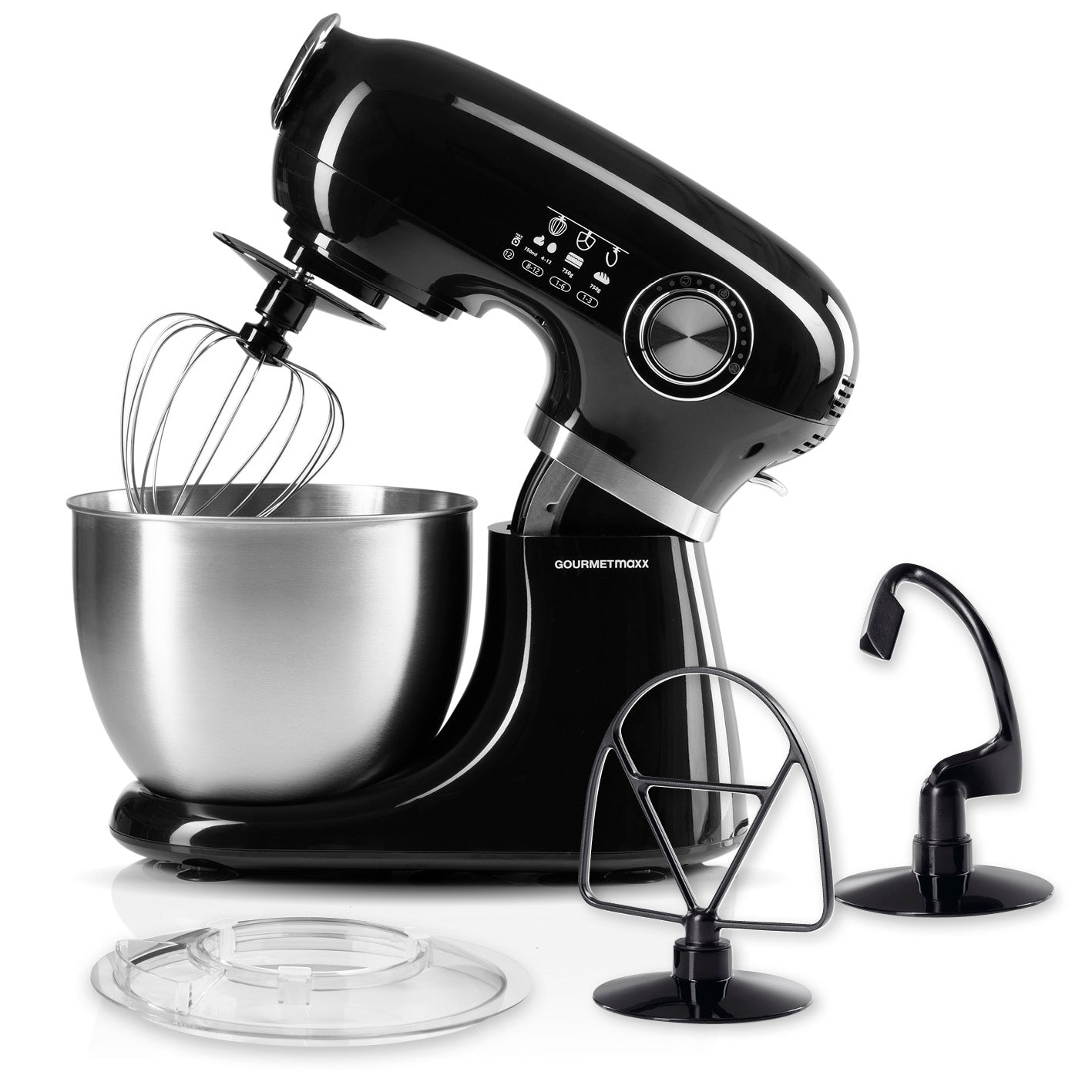 Küchenmaschine mit 1000 W Kupfermotor, 5 L Edelstahlschüssel, 12 Geschwindigkeitsstufen und vielseitigem Zubehör inklusive Spritzschutz.
