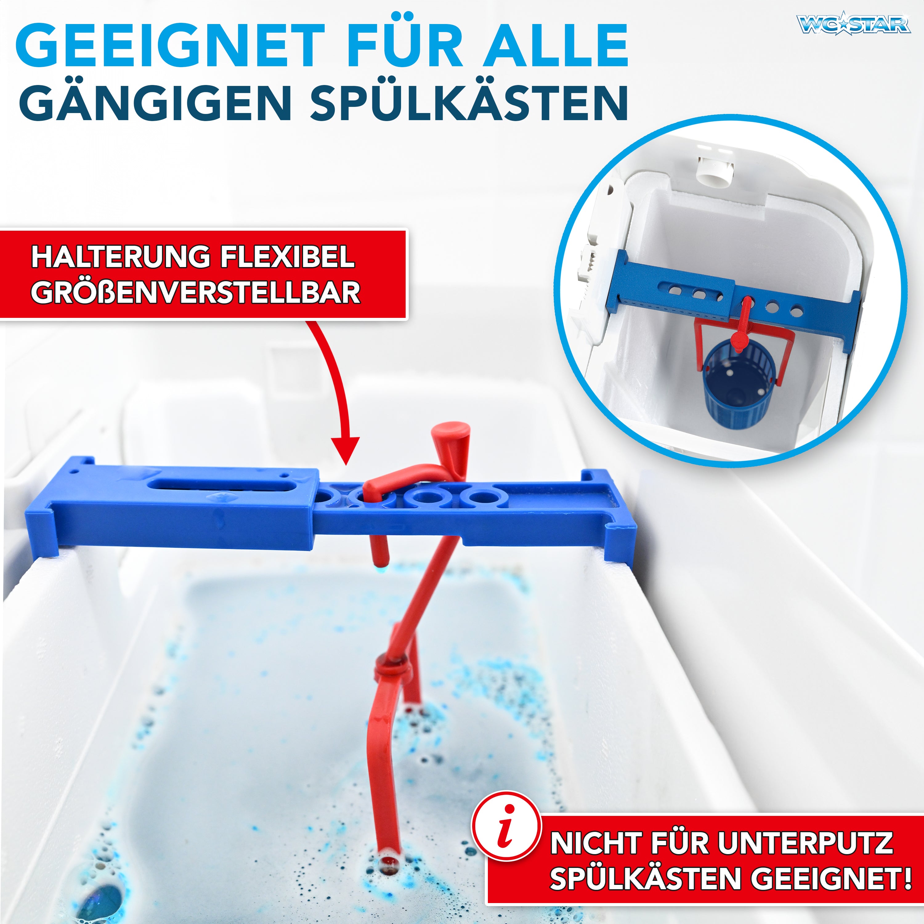 WC-Star Spülkasten-Hygiene-Set mit flexiblem, größenverstellbarem Einhänger, geeignet für alle gängigen Spülkästen.