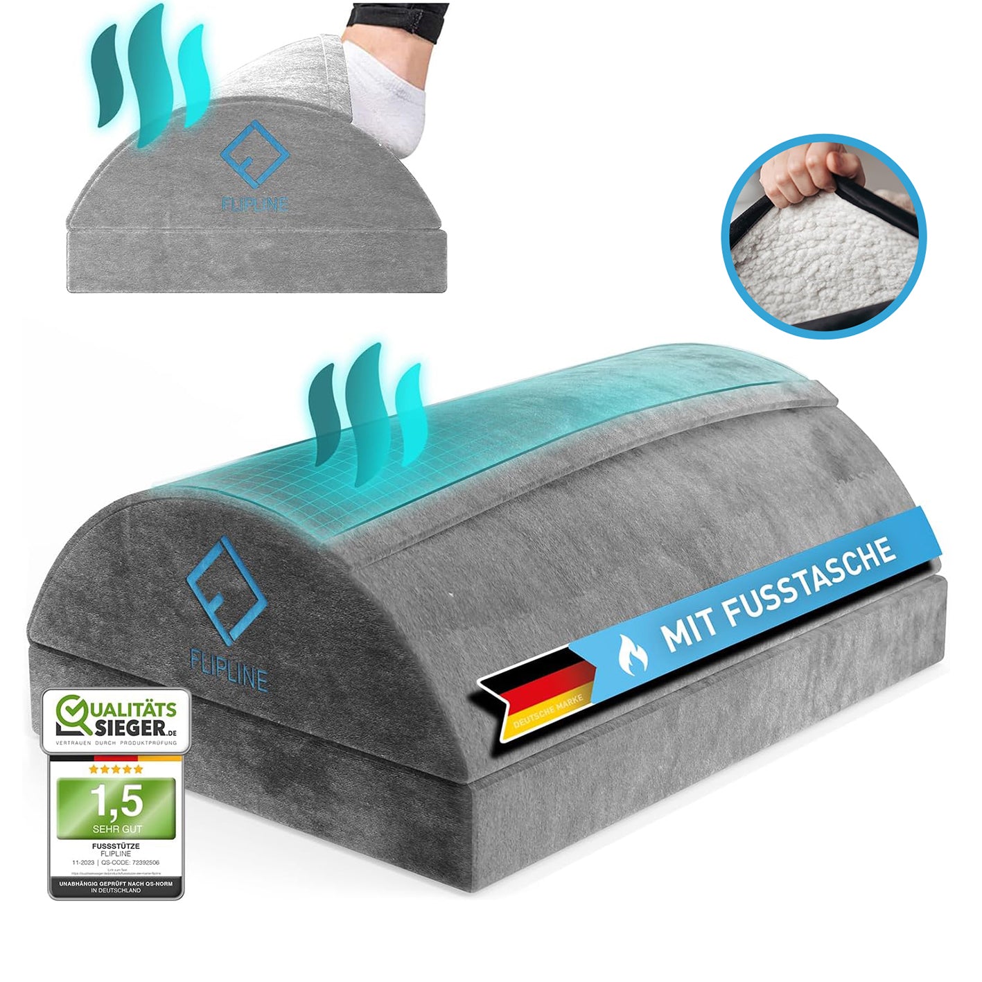 Schreibtisch-Fußstütze mit Fußtasche - Silber-Grau mit kuscheligem Samtbezug, höhenverstellbar für warme, entspannte Füße im Büro und Homeoffice.