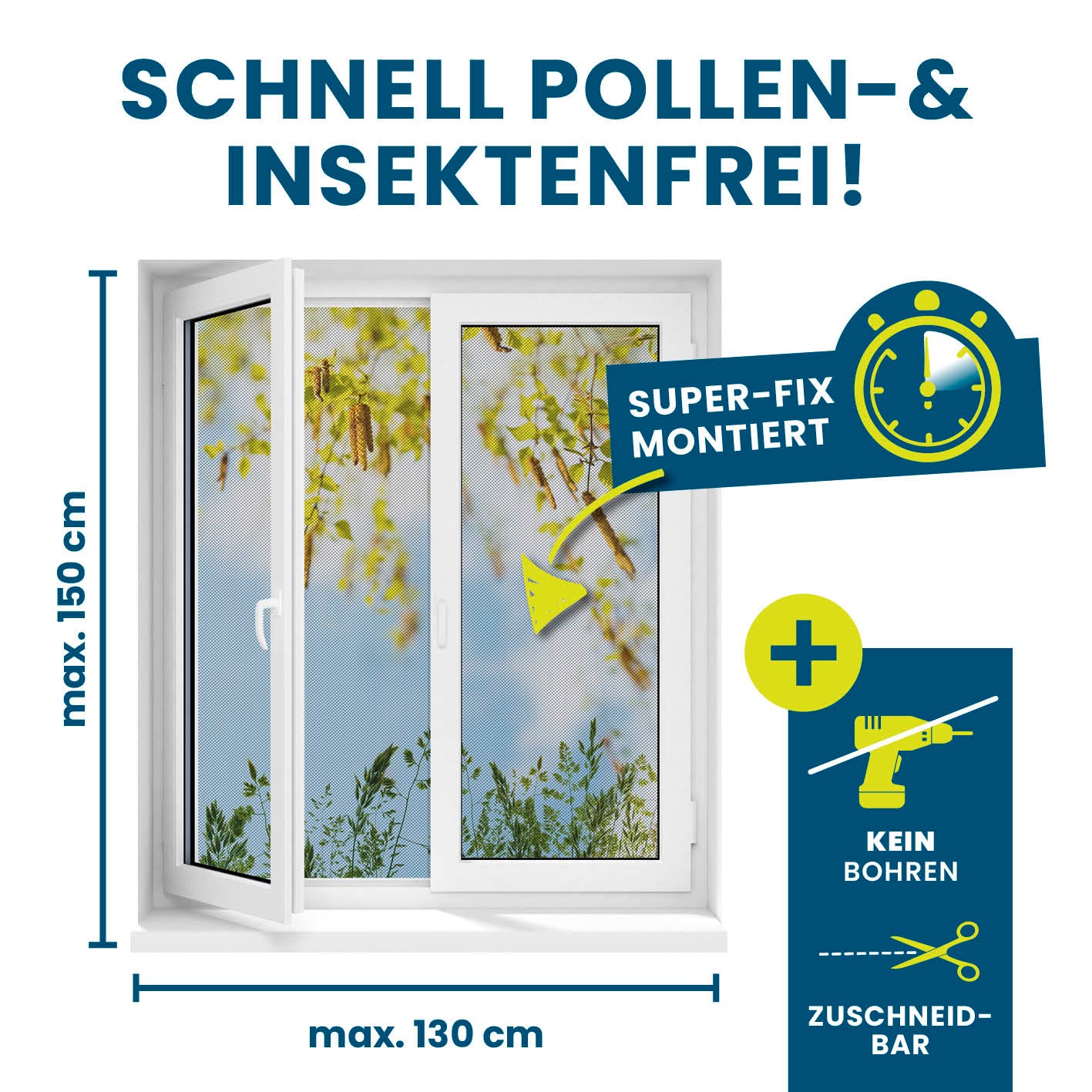 Insekten- & Pollenschutzgitter mit Magnetbefestigung - 4er-Set, pollen- und insektensicher, ohne Bohren, zuschneidbar, magnetisch fixiert.
