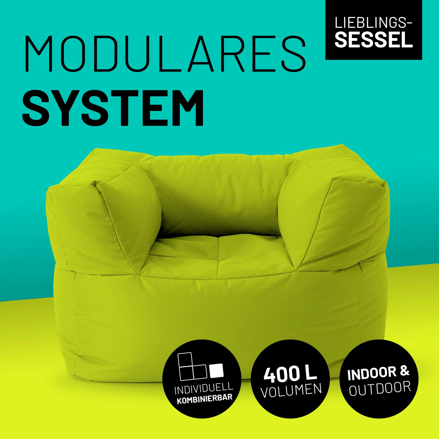Sitzsack-Sofa Sessel (400 L) in Apfelgrün, modular, indoor & outdoor, mit 400 L Volumen und hochwertiger Füllung.