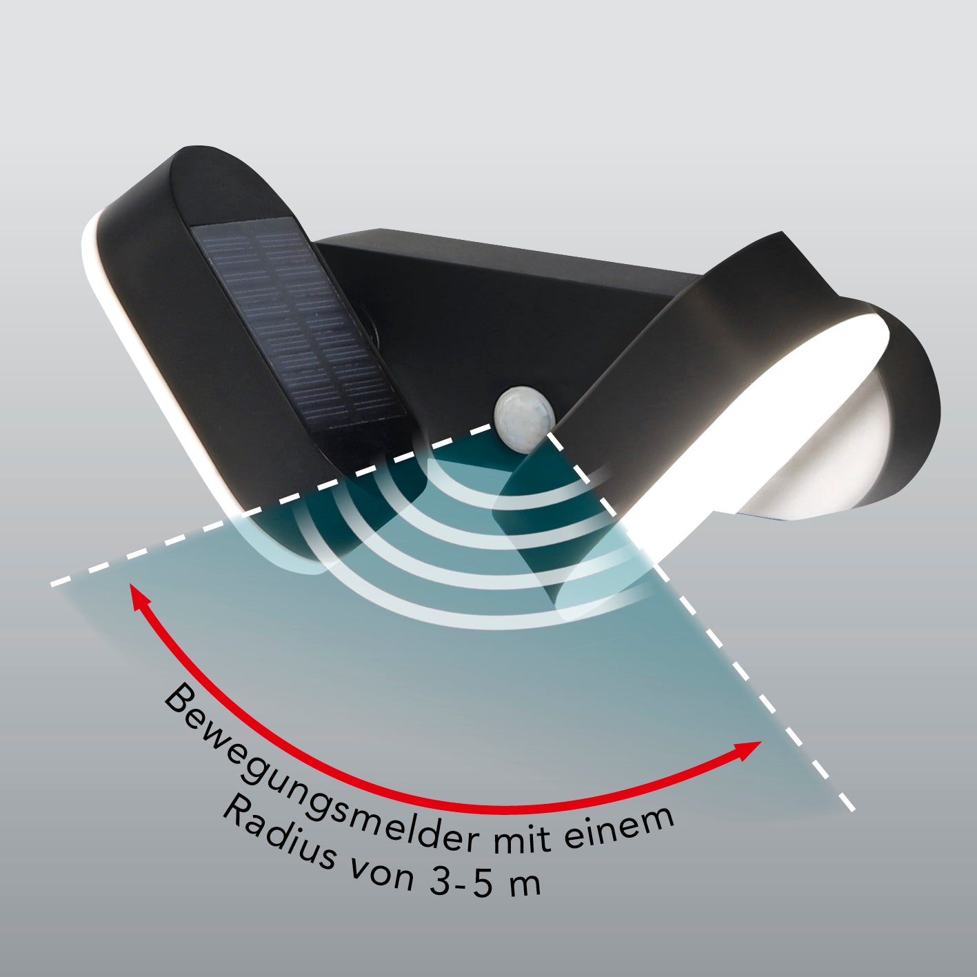 Doppel-Solarstrahler mit Bewegungsmelder - 2er-Set, zwei verstellbare Spots, Bewegungsmelder 3-5 m Radius, spritzwassergeschützt IP44.