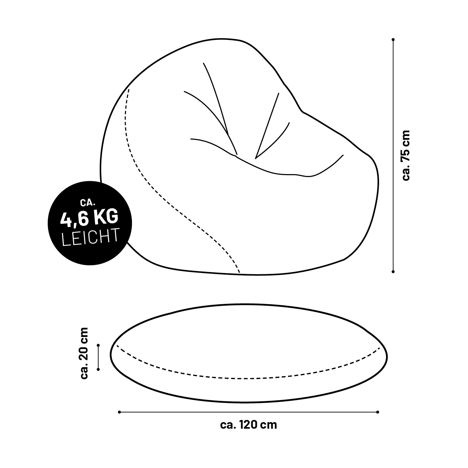 Sitzsack Drops (300 L) in Aquamarin, leicht 4,6 kg, 75 cm hoch, 120 cm Durchmesser, für drinnen und draußen geeignet.