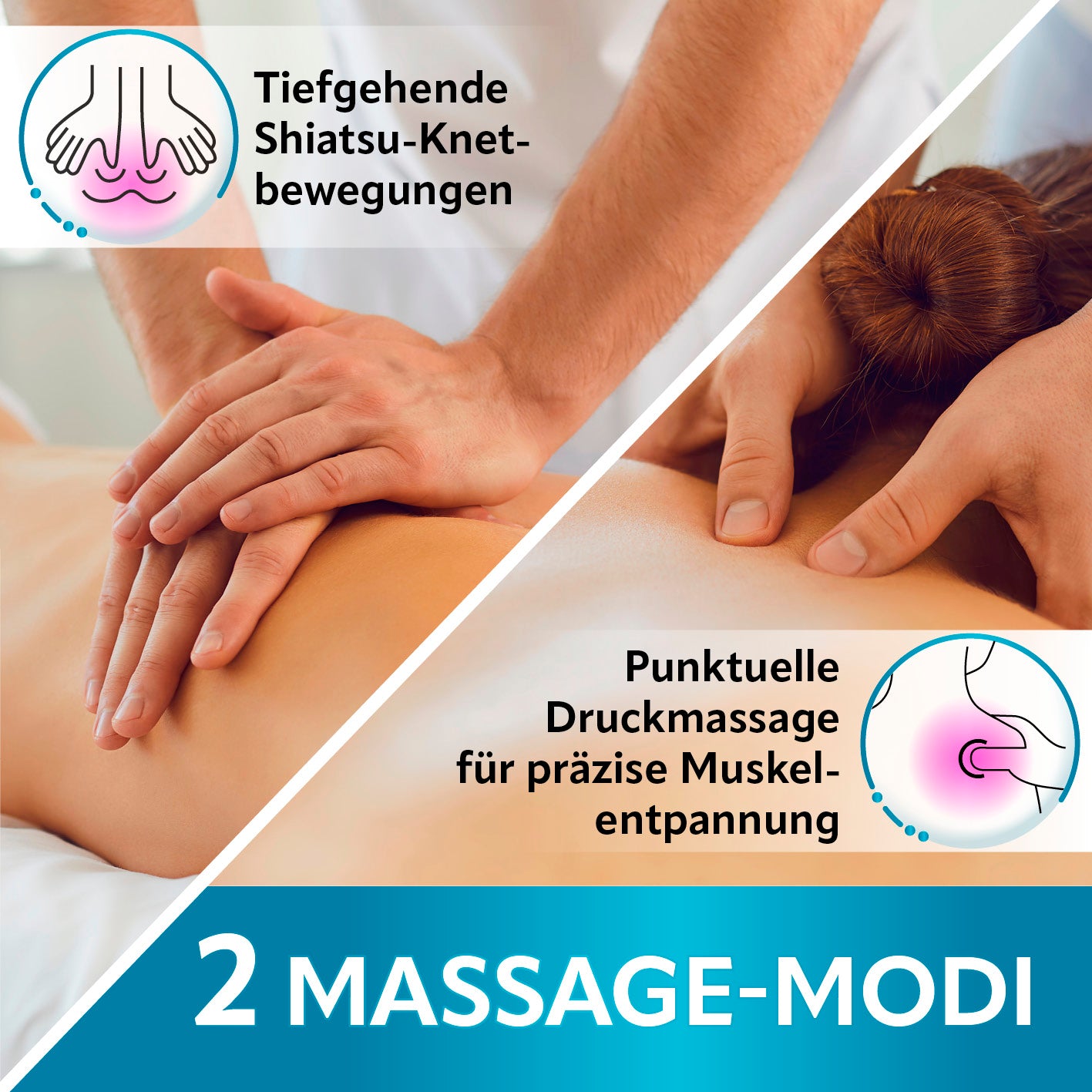 Shiatsu-Massagegerät mit zwei Massagearten für tiefgehende Knet- und punktuelle Druckmassage zur Muskelentspannung.
