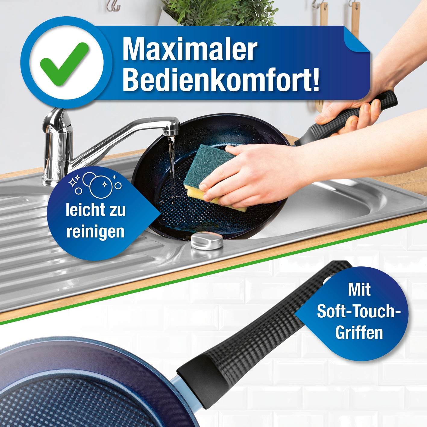 Aluminium-Bratpfanne Ø 24 cm mit Antihaftbeschichtung, leicht zu reinigen und Soft-Touch-Griff für maximalen Bedienkomfort.