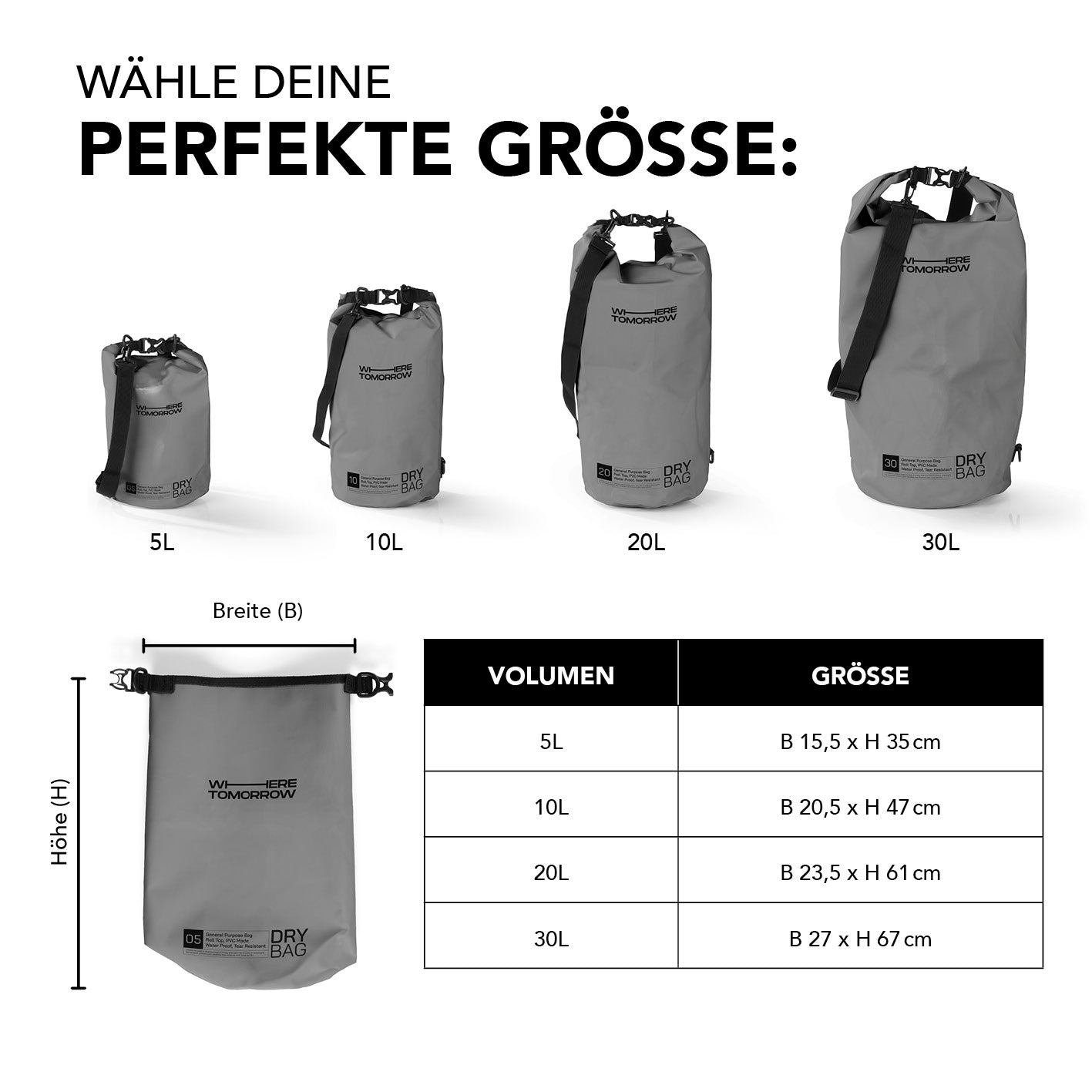 Dry Bag 20L - Style 01 - Grau, wasserdichter, robuster Outdoor-Rucksack mit Rolltop-Verschluss und verstellbarem Schultergurt.