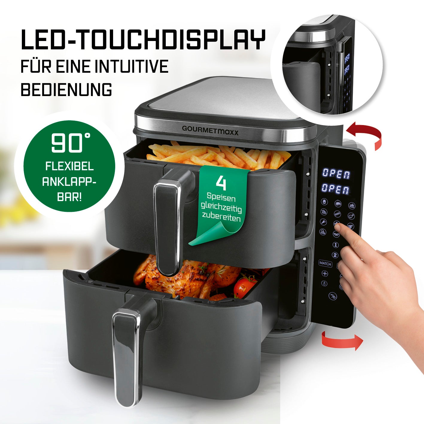 FryUp Vertikale Doppelkammer-Heißluftfritteuse - Grau mit LED-Touchdisplay und flexiblen, übereinander angeordneten Garzonen für 4 Speisen.