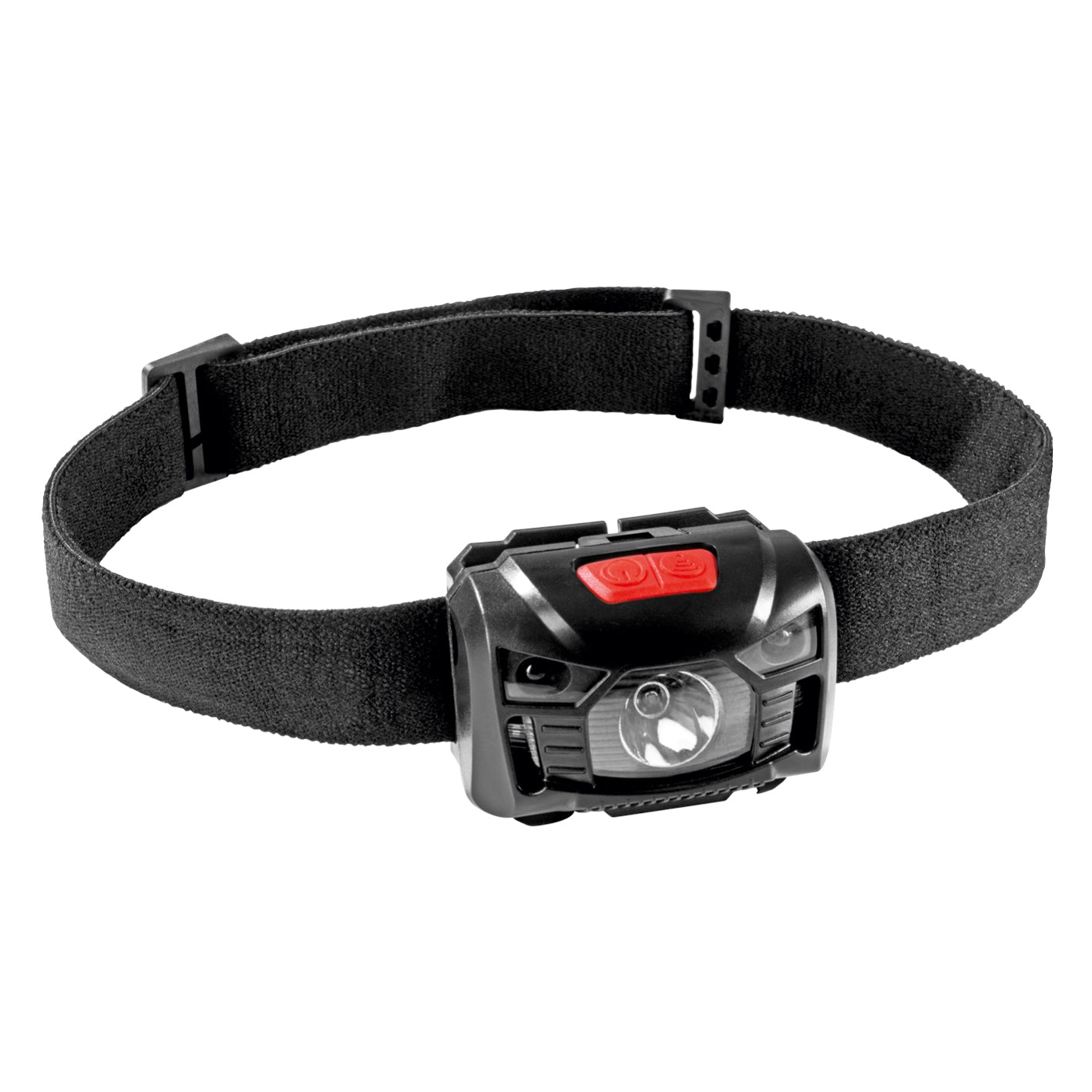 Stirnlampe schwarz/rot mit Bewegungssensor, 5 Leuchtmodi und bis zu 150 Lumen, verstellbares Kopfband, spritzwassergeschützt IP44.