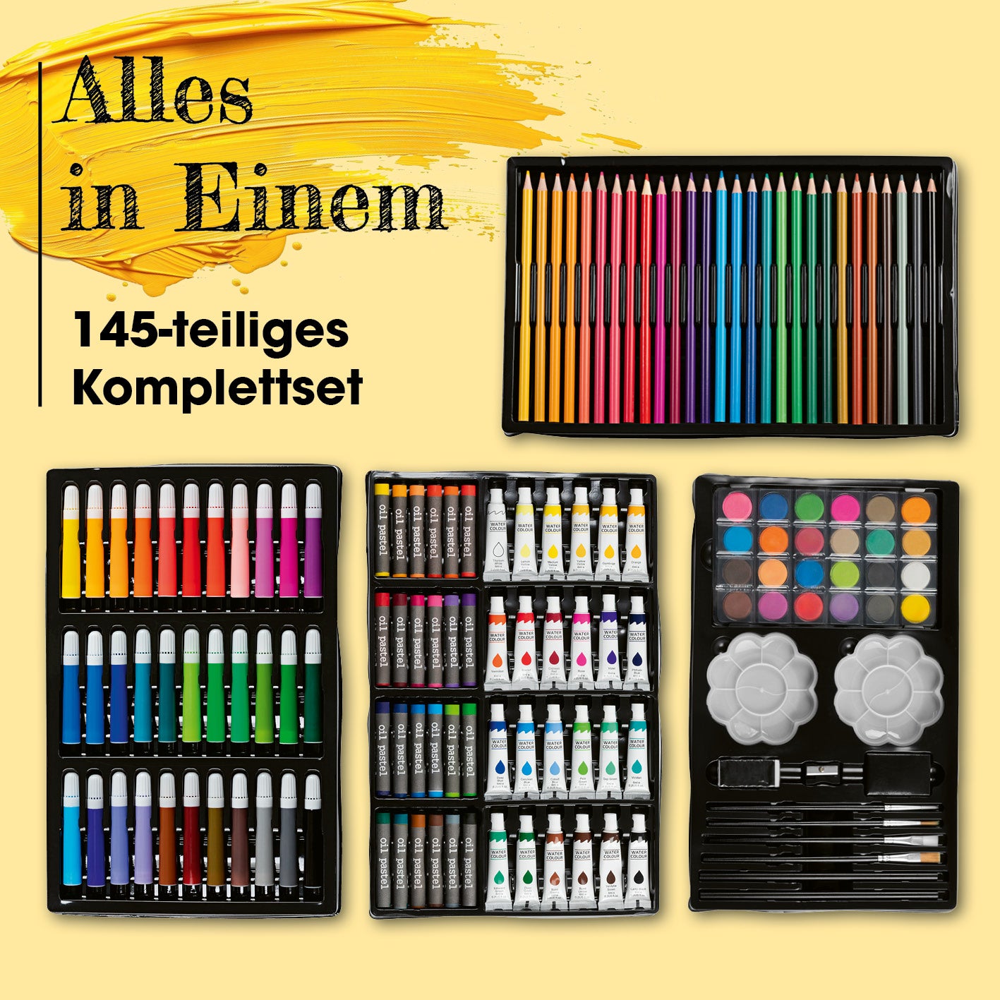 Mal- und Zeichenkoffer - 145-tlg. mit Buntstiften, Acrylfarben, Ölkreide, Pinseln und Mischpaletten für vielseitige Kreativität.