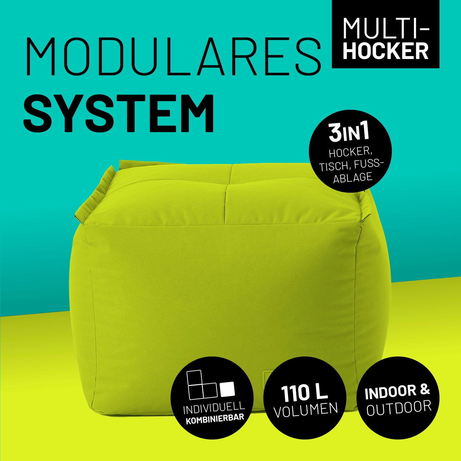 Sitzsack-Hocker (200 L) Apfelgrün, modulares 3-in-1 System, indoor & outdoor, robust mit abwischbarem Bezug und verdeckten Reißverschlüssen.