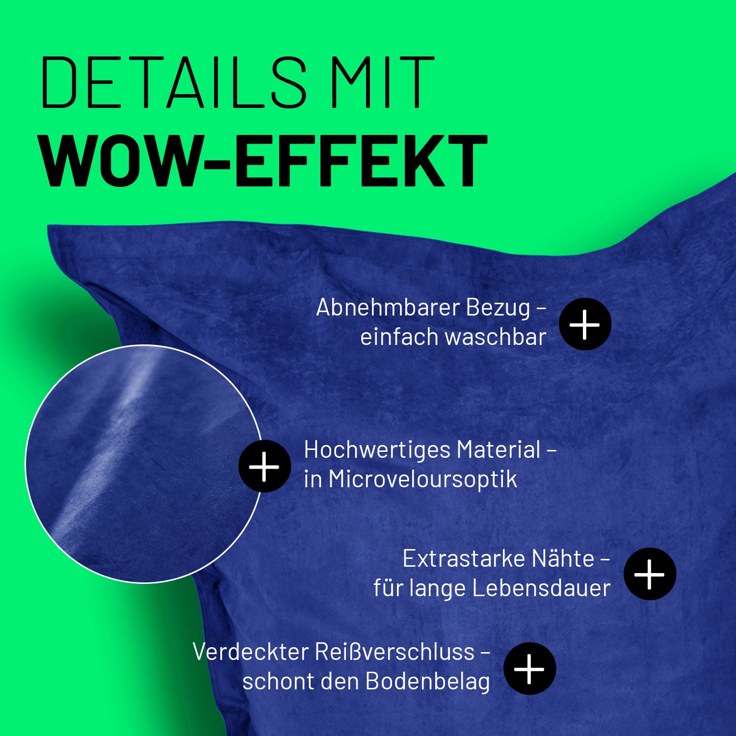 XXL Microvelours Sitzsack (380 L) - Royalblau, abnehmbarer Bezug, Microveloursoptik, reißfest, wasserfest, perfekt zum Entspannen drinnen und draußen.