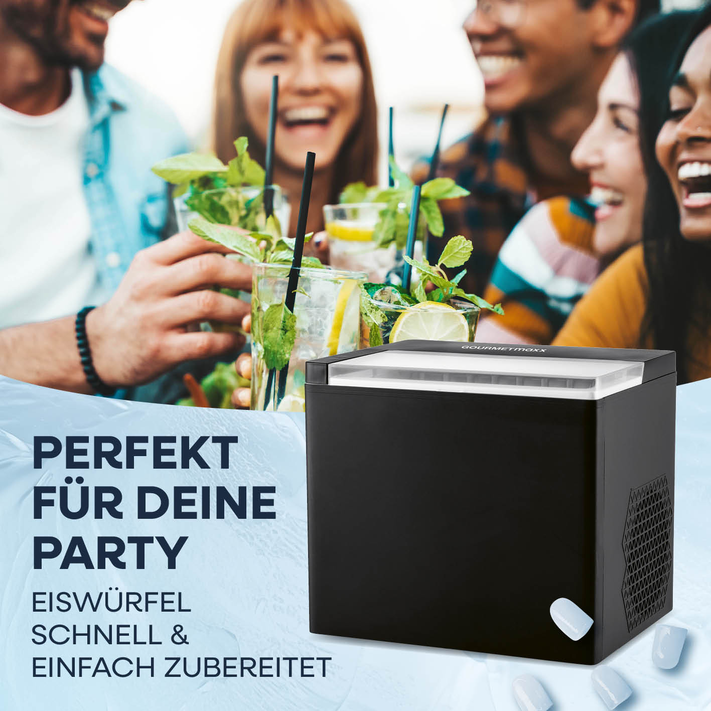 Eiswürfelmaschine inkl. Auffangbehälter & Eisschaufel – kompakt, schnell und einfach Eiswürfel in zwei Größen für jede Party.