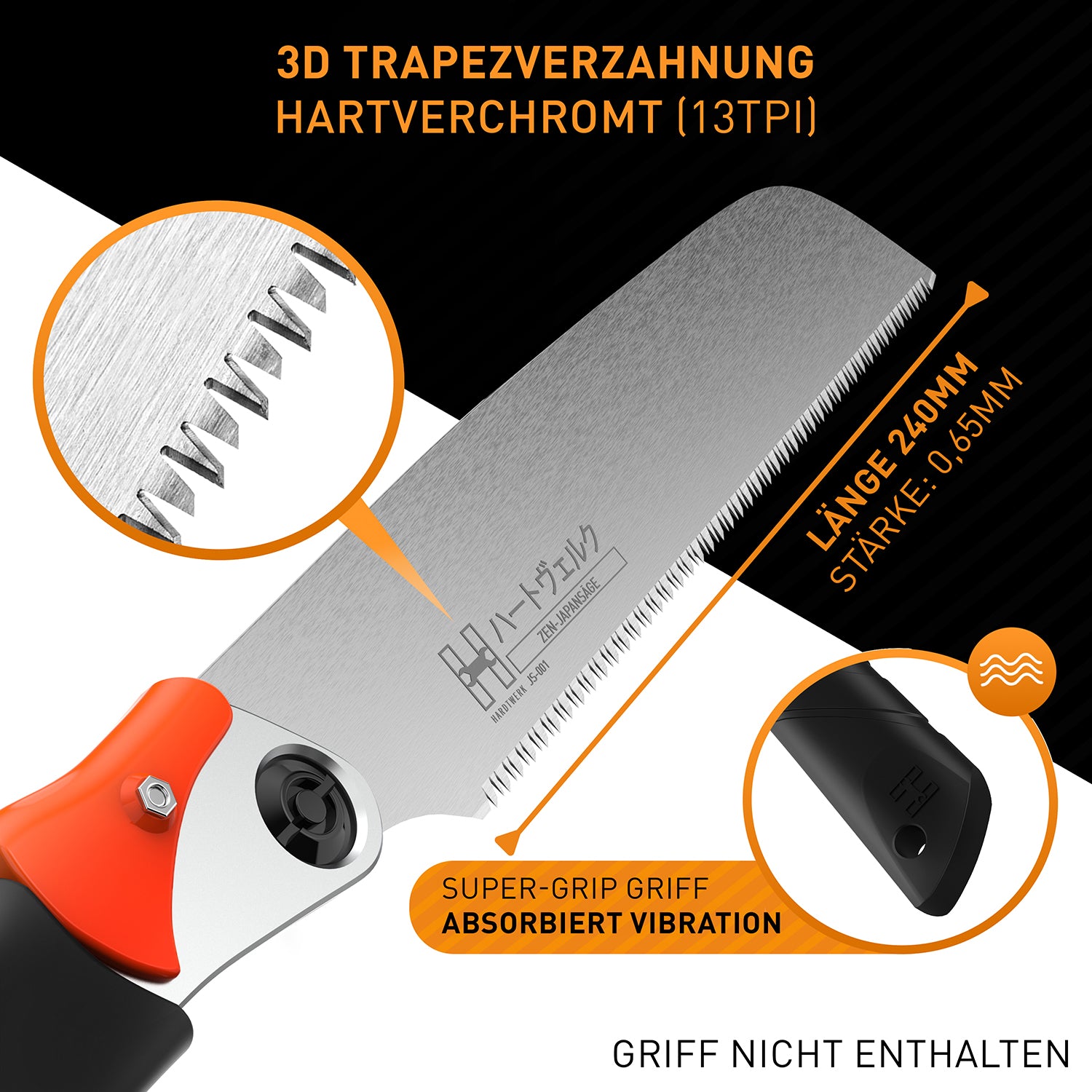 Ersatzsägeblatt für Japansäge Zen - 240 mm, 3D Trapezverzahnung, SK4-Karbonstahl, 0,65 mm stark, kompatibel mit HARDTWERK Zen Kataba Sägen.