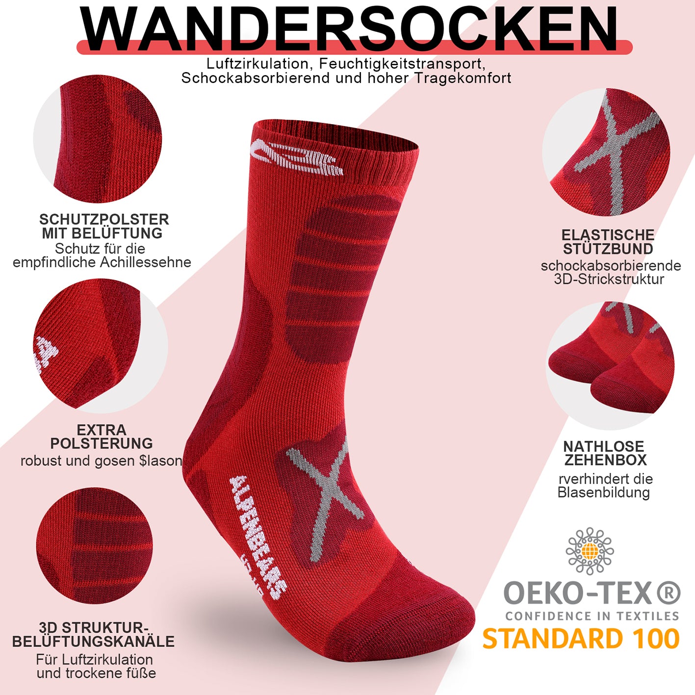 Wandersocken Merino Wolle - 2er-Set - Rot - Größe 39-42 mit Polsterung, Belüftung und blasenfreiem Sitz für Wandertouren und Alltag.