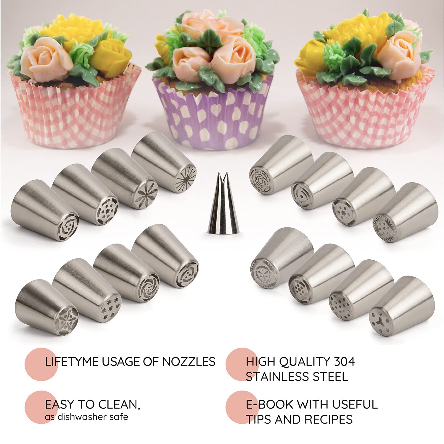 Spritzbeutel-Set mit Tüllen - 43-tlg. zeigt Edelstahl-Tüllen und dekorierte Muffins für kreative Kuchenverzierung.