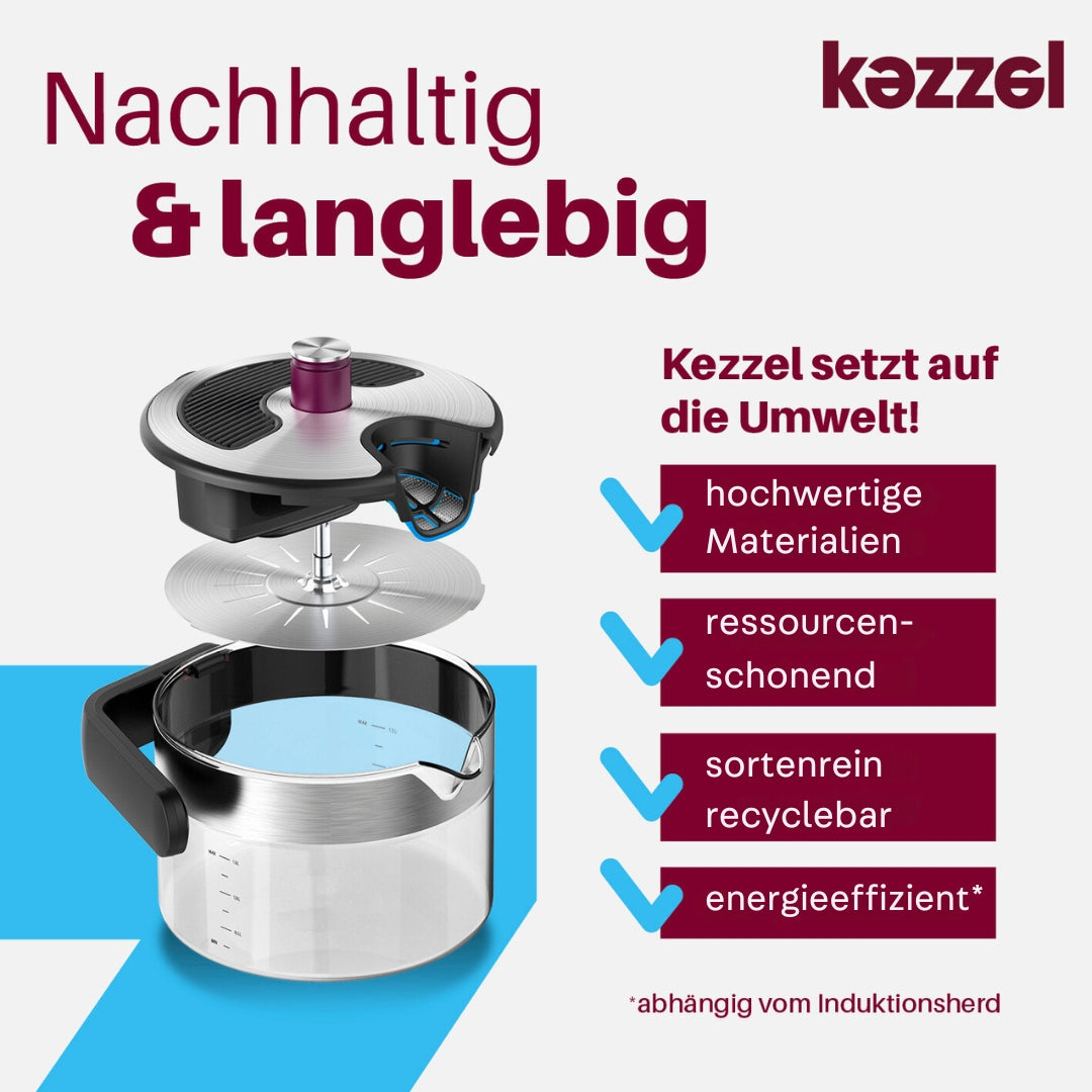 Wasserkessel für Induktionsherde 1,5 Liter von Kezzel, nachhaltig, langlebig, recycelbar und energieeffizient ohne Elektronik.