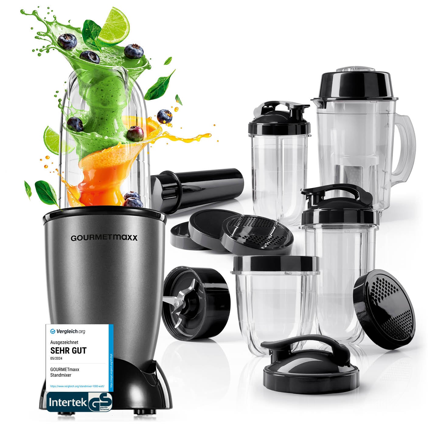 Mr. Magic Power 400 Pro mit Zubehörset XL - Anthrazit/Schwarz Kompaktmixer mit vielseitigem Zubehör für frische Smoothies und mehr