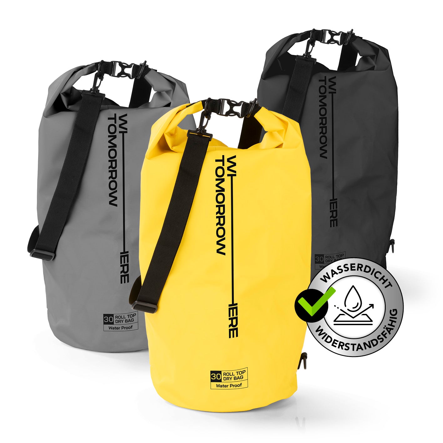 Dry Bag 30L - Style 01 - Gelb wasserdichter, robuster Outdoor-Rucksack mit verstellbarem Schultergurt und Rolltop-Verschluss.