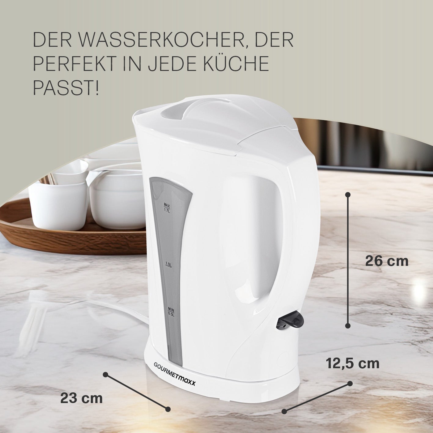 Wasserkocher mit Kalkfilter - 1,7l - weiß/grau kabellos mit Wasserstandsanzeige und herausnehmbarem Filter, ideal für jede Küche.