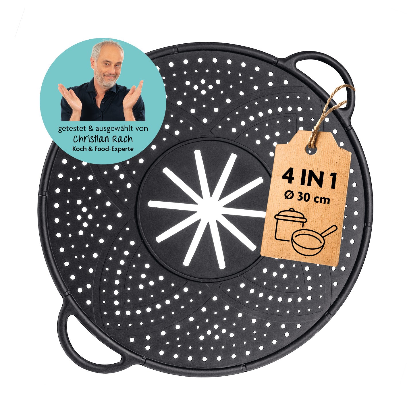 Silikon Spritzschutz 4-in-1 Ø 30 cm als Spritzschutz, Dampfgarer, Untersetzer und Abgießhilfe für Töpfe bis 30 cm Durchmesser.