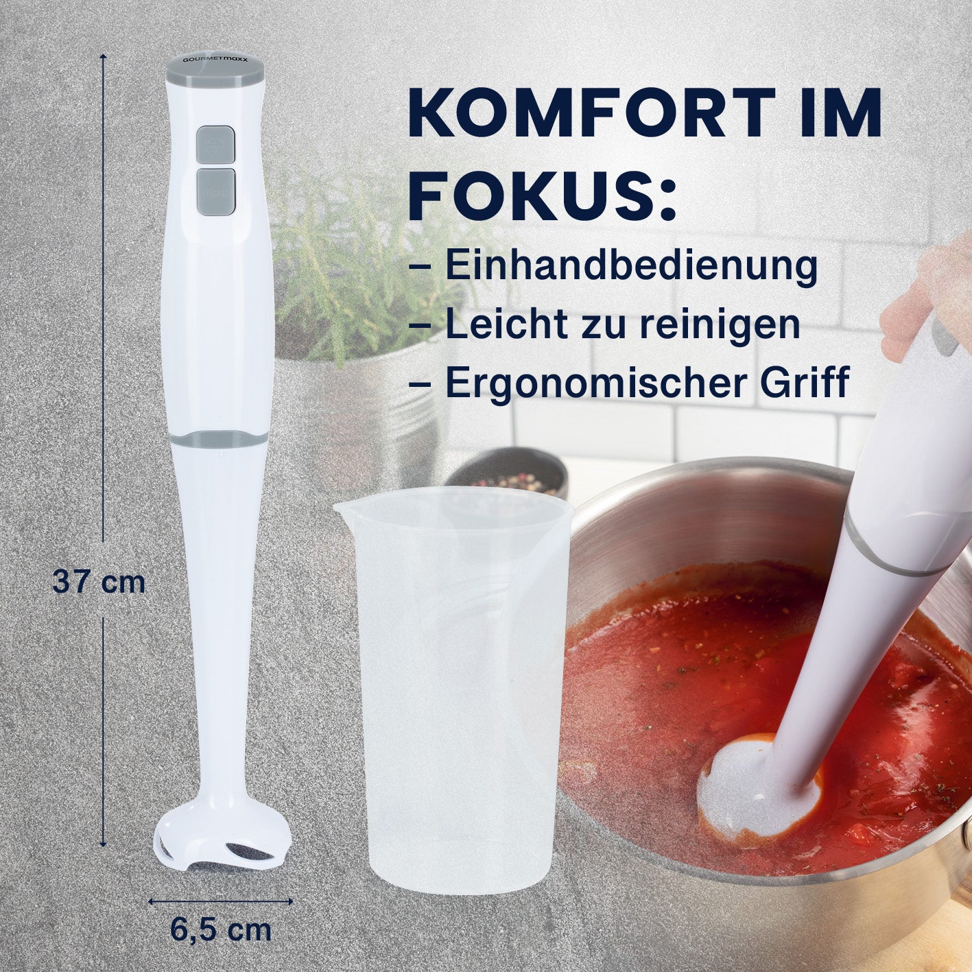 Stabmixer mit Messbecher - weiß/grau, ergonomischer Griff, leicht zu reinigen, mit 700-ml Mixbecher und Einhandbedienung.
