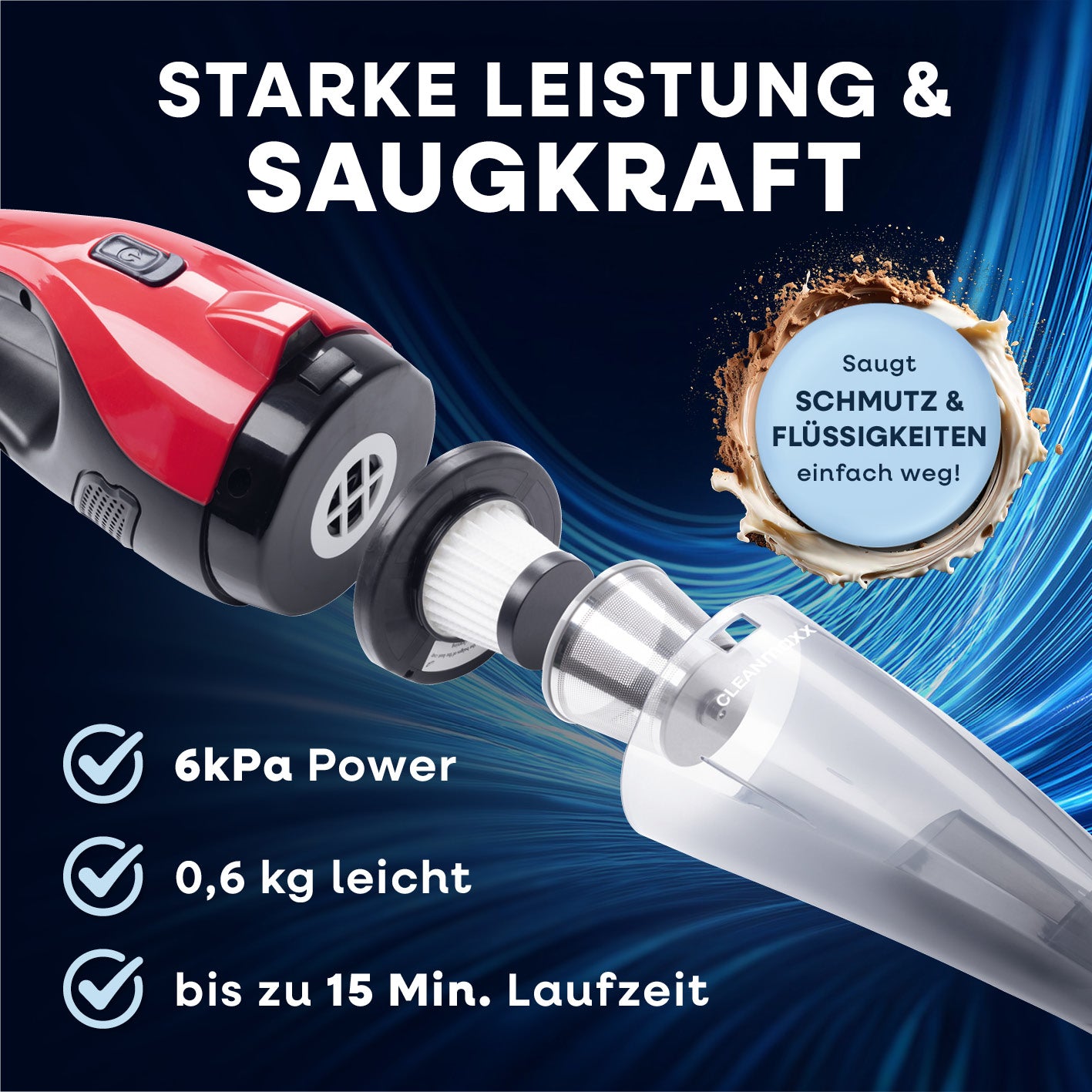 Akku-Handstaubsauger mit 6 kPa Leistung, 0,6 kg leicht und bis zu 15 Min Laufzeit für Schmutz und Flüssigkeiten.