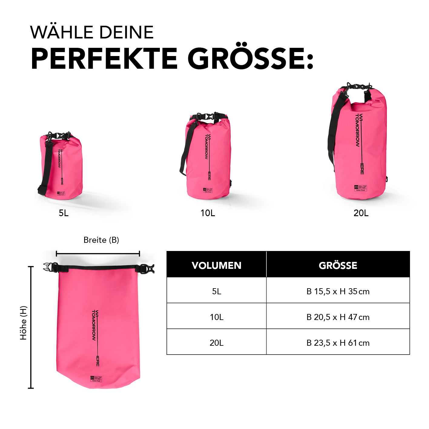 Dry Bag 10L - Style 02 - Pink, wasserdichter Outdoor Rucksack mit robustem Rolltop-Verschluss und verstellbarem Schultergurt.