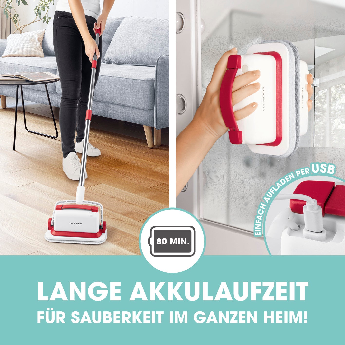 Akku-Scheuerbürste - weiß/rot kabelloser Bodenreiniger mit langem Stiel und bis zu 80 Minuten Akkulaufzeit für komfortable Reinigung.
